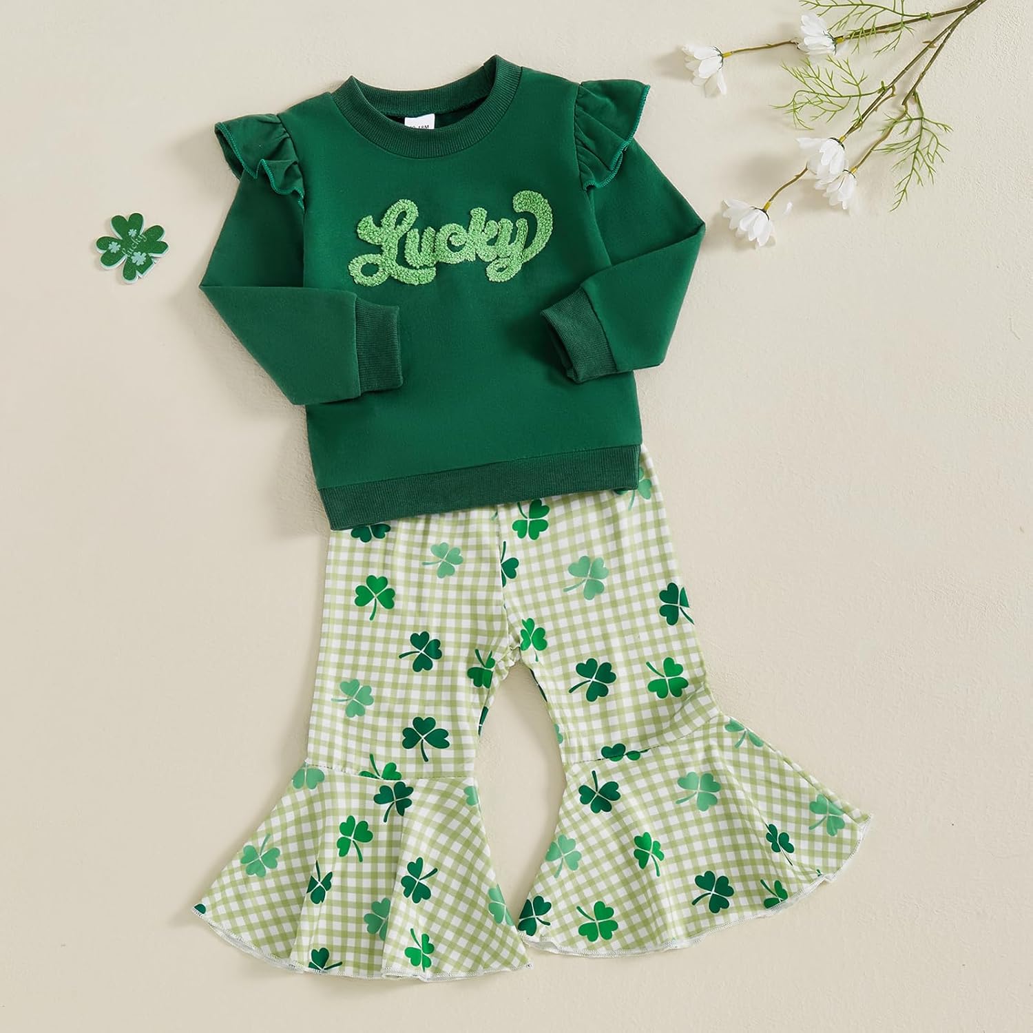 Toddler Baby Girl St Patricks Day Outfit Letter Clover Long Sleeve Sweatshirt Bell Bottom Pants Irish Clothes