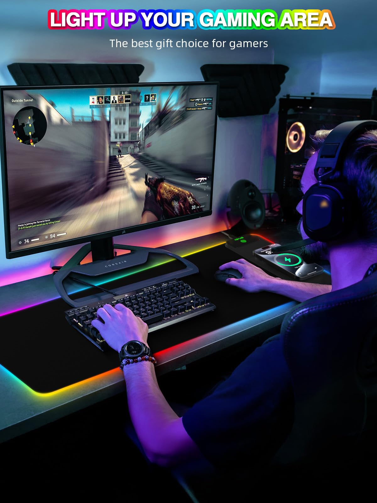 Tappetino per mouse con ricarica magnetica, tappetino per mouse da gioco XL, 80 x 30 cm, 11+5 modalità di illuminazione RGB, grande tappetino da scrivania per casa e ufficio con superficie ultra