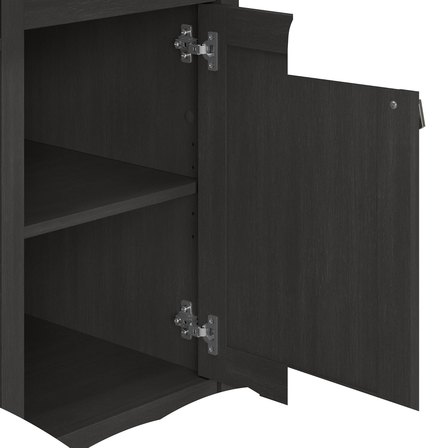 Interior view of the desk's storage cabinet with adjustable shelves