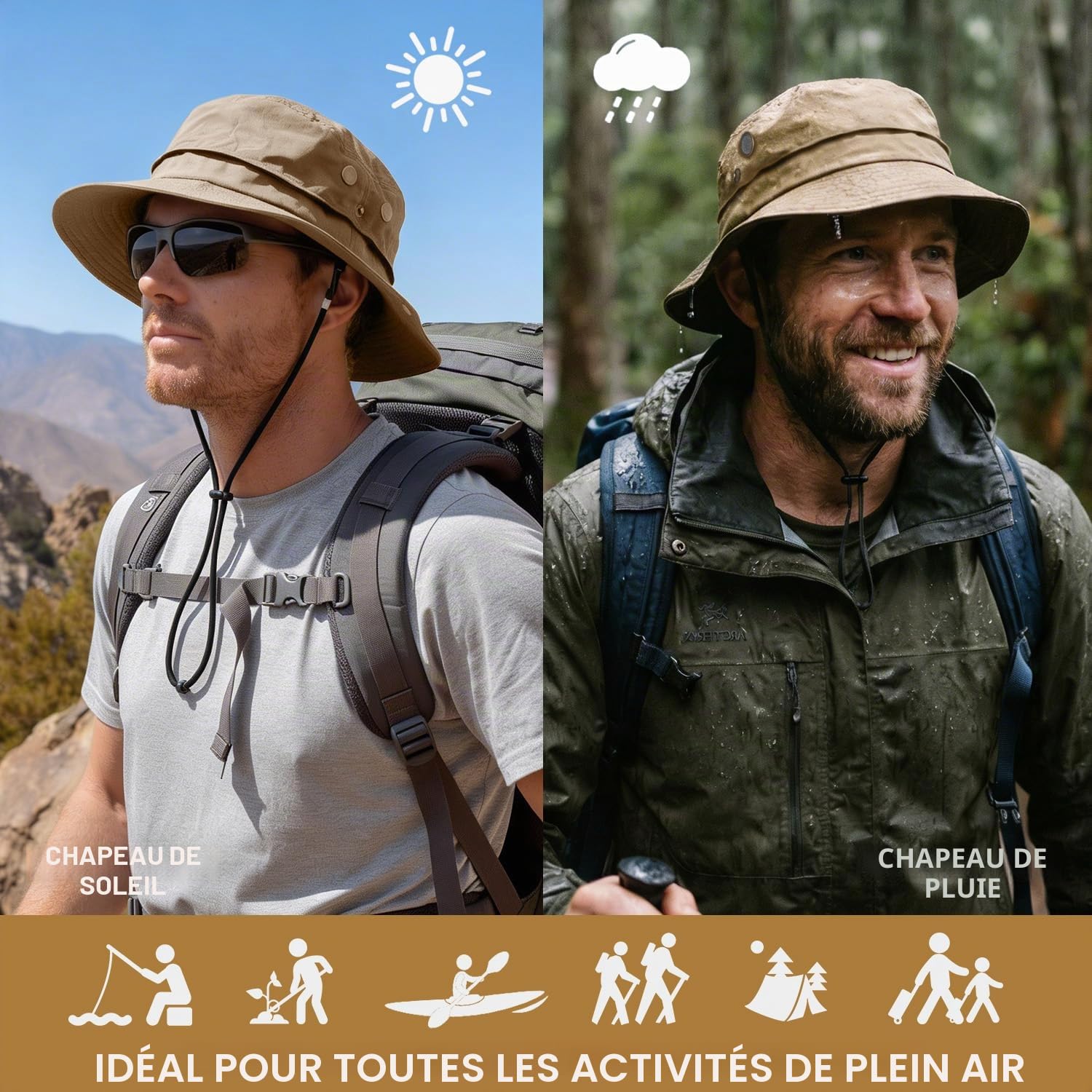 Hat Hut Chapeau de pluie étanche pour homme, UPF50+, large bord, pliable, toutes saisons, randonnée, pêche