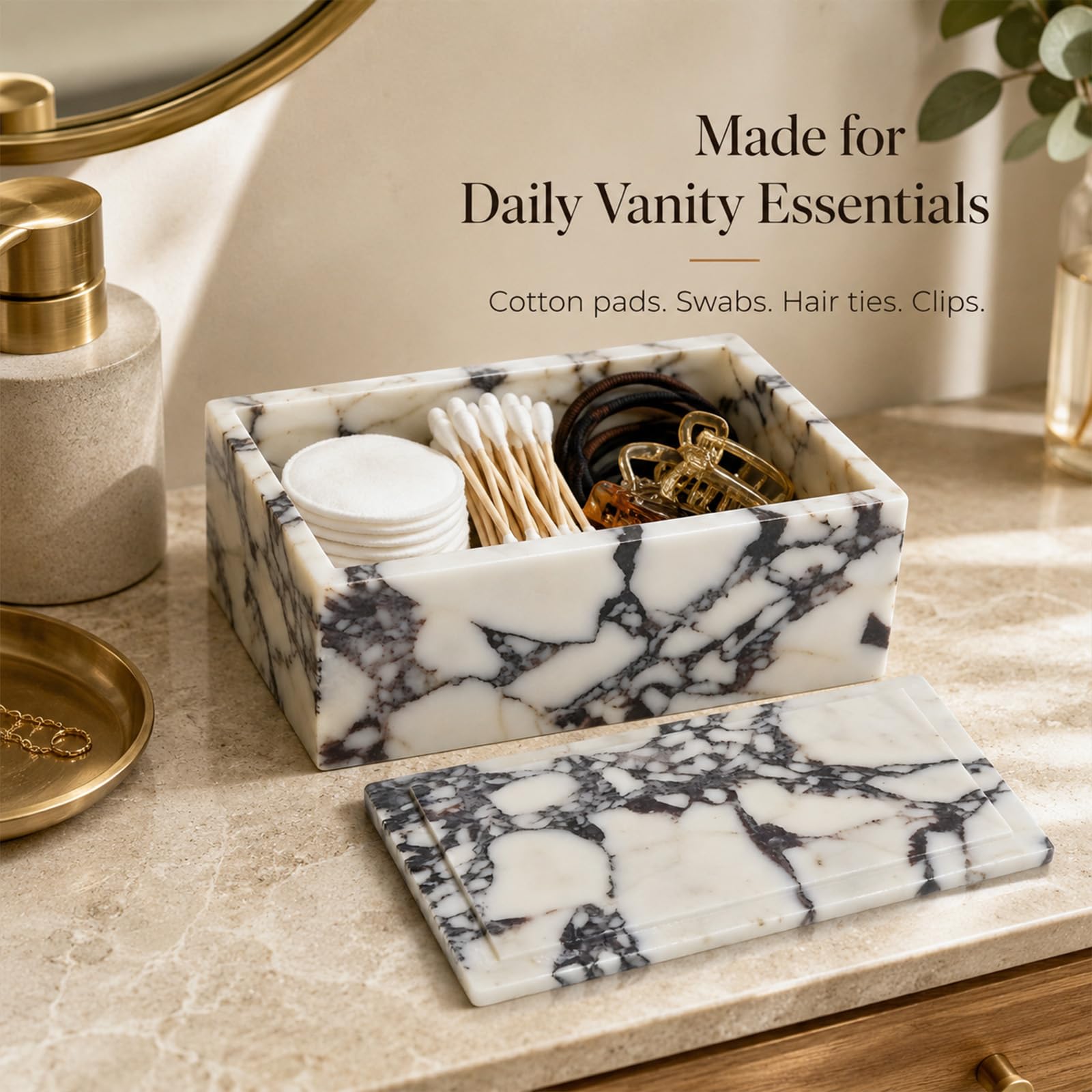 Caja de almacenamiento de mármol de lujo con tapa, patrón de venas blancas y moradas, organizador decorativo para brochas de maquillaje, joyas, accesorios de baño (rectangular)