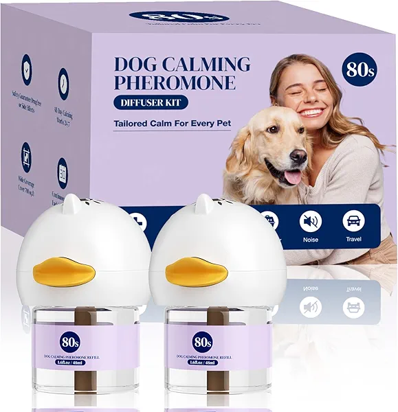 80S Calming Diffuser for Dog, Dog Pheromones Calming Plug in Diffuser, Stop Peeing, 30 Days Continuous Stress & Anxiety Relief for Dogs, Barking, Fear of Thunderstorms, 2 Diffuser 2 Refill