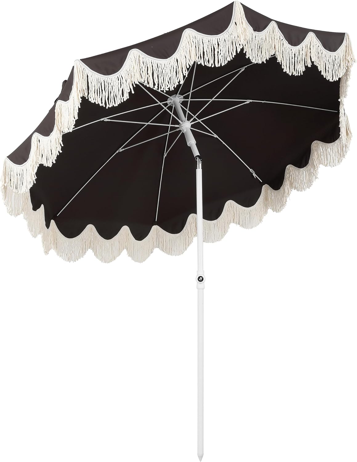 JONATHAN Y Mariner 6.5 ft. Beach Umbrella, Black Solid with Fringe, Push-Button Tilt, UPF 50+ Sun Protection and Carrying Bag for Patio and Pool, White Pole UMB1005R