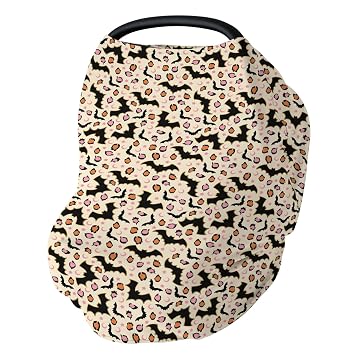 Halloween Bats Leopard Baby Car Seat Covers Pink Orange Spooky Bats Moon Stars Stretchy 5-in-1 Cover Adjustable Infant Carseat Canopy Cover Halloween Night Breathable Nursing Cover-Up