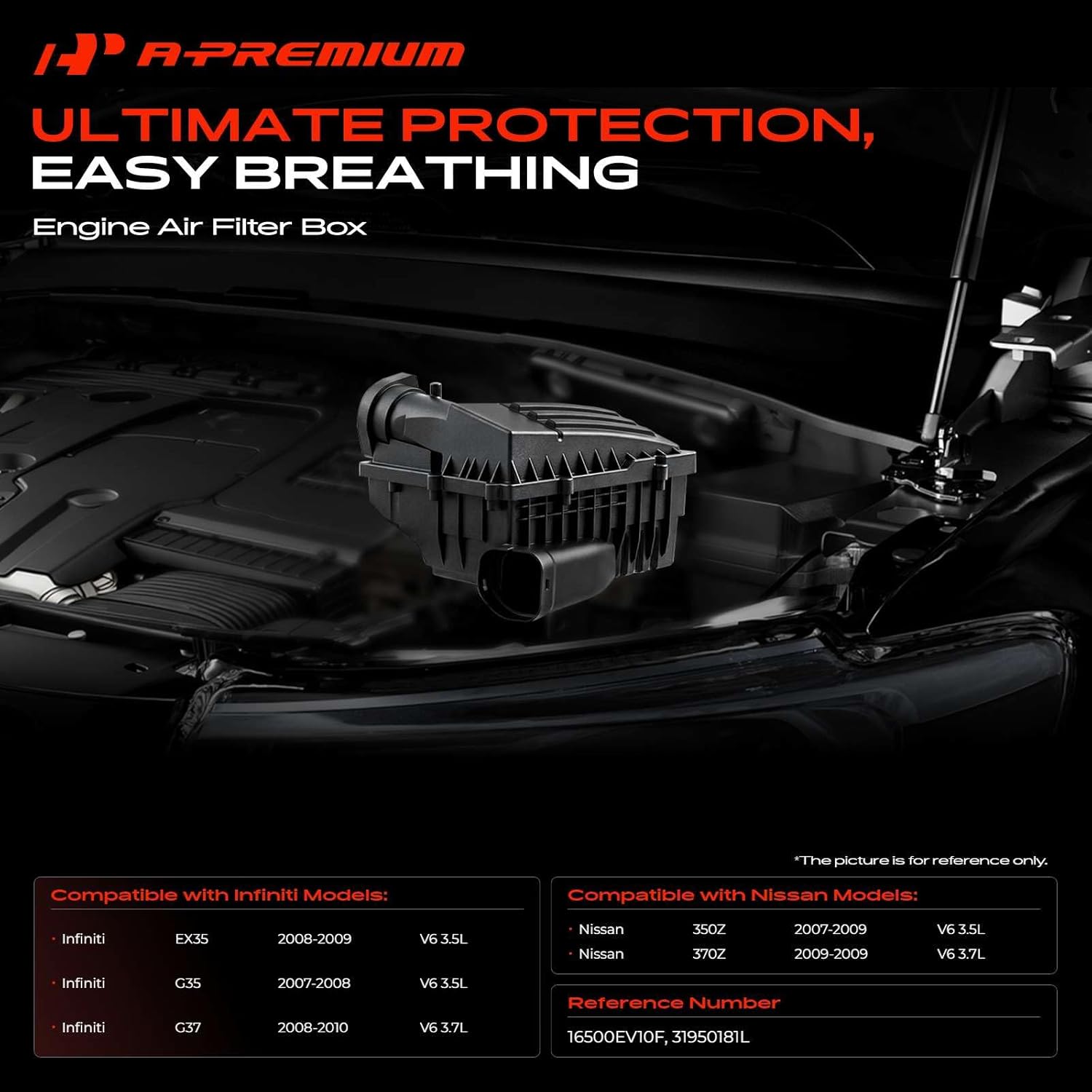 A-Premium Engine Air Filter Cleaner Box Housing Compatible with Infiniti & Nissan Models - EX35 2008-2009 3.5L, G35 2007-2008 3.5L, G37 2008-2010 3.7L, 350Z 2007-2009 3.5L, 370Z 2009 3.7L - Left Side