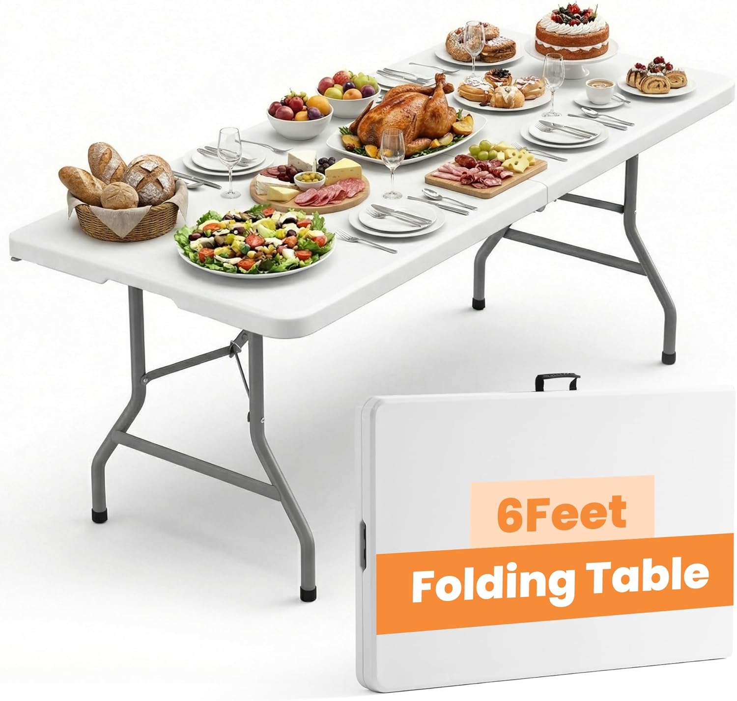 6FT Folding Table Heavy Duty Foldable Table Fold-in-Half Design Portable Collapsible Plastic White Long Tables for Dining, Camping, Wedding, Banquet, Craft, Party Outdoor & Indoor Use