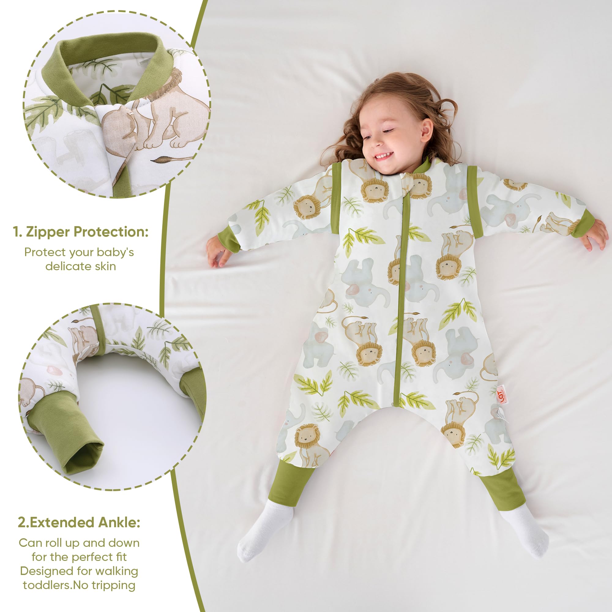 LAT Sacco Nanna Invernale, 2.5 Tog Sacco Nanna con Piedini e Maniche Staccabili, Sacco a Pelo in Cotone con Cerniera a 3 Vie per Bambini