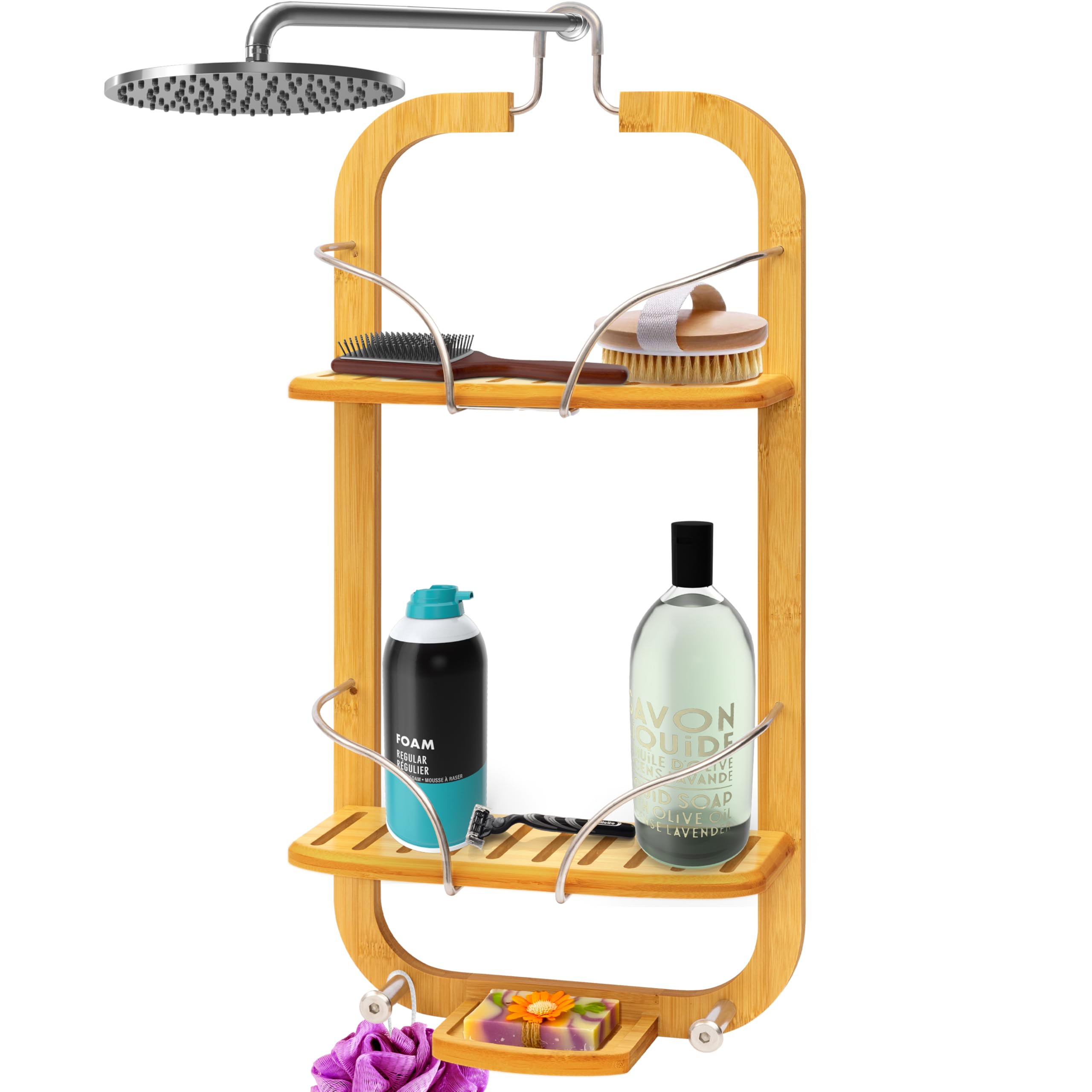 SereneLife Portaoggetti Doccia in Bambù a 3 Ripiani, Design Antiscivolo, Organizer Bagno, Portaoggetti Bagno Salvaspazio, Mensola Doccia per Shampoo, Bagnoschiuma, Sapone e Accessori