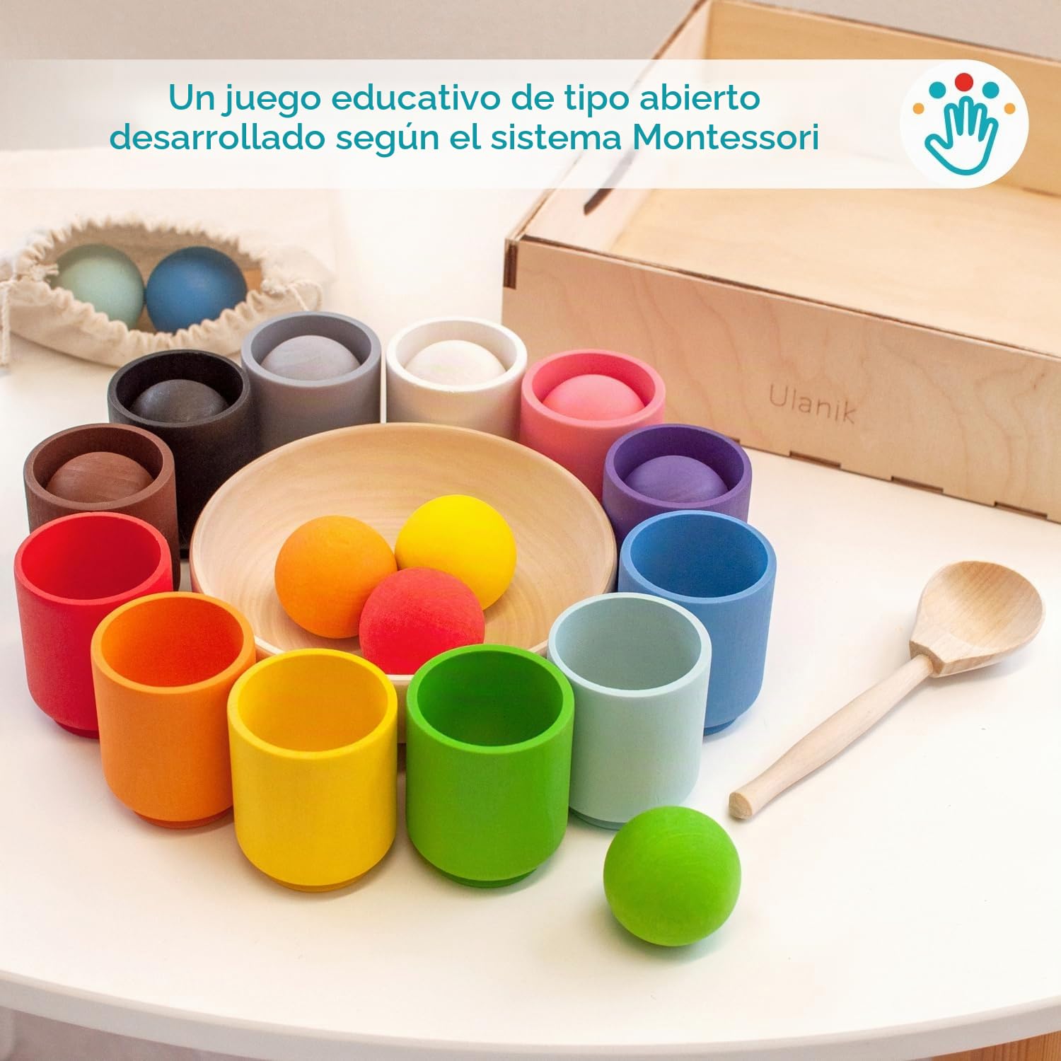 Ulanik Bolas en Vasos Set Completo Juguete Montessori 1 Año | Set abierto de clasificación en madera; 12 colores claros; bandeja y bolsa para guardar