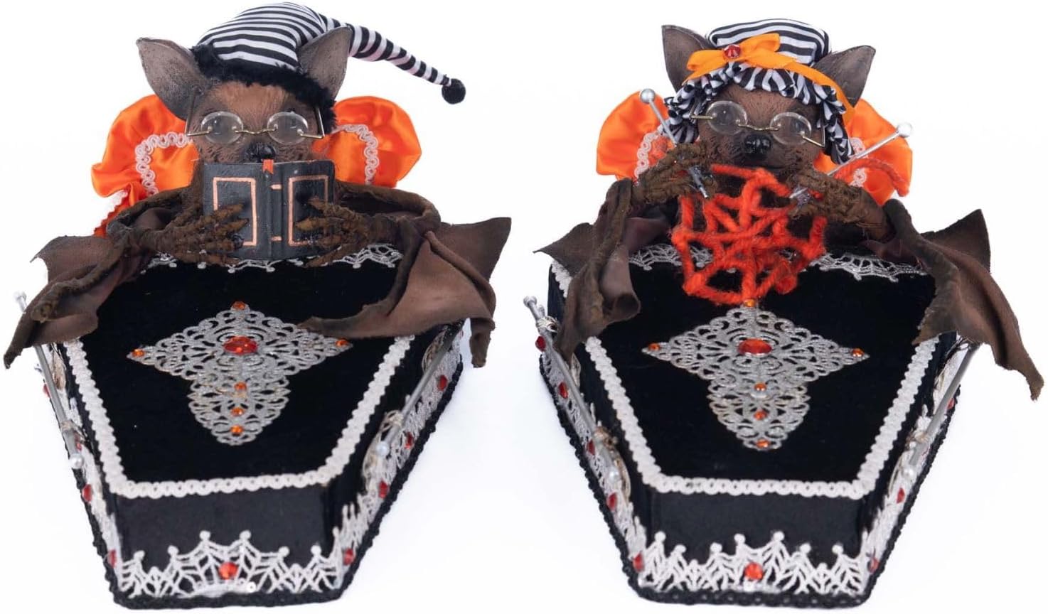 Katherine's Collection 2025 Halloween The Macabre Family Bedtime with The Batsons, Tabletop Bat Figurine Set, Hand-Painted Resin Halloween Figures, Spooky Bat Decor, Unique Coffin Display