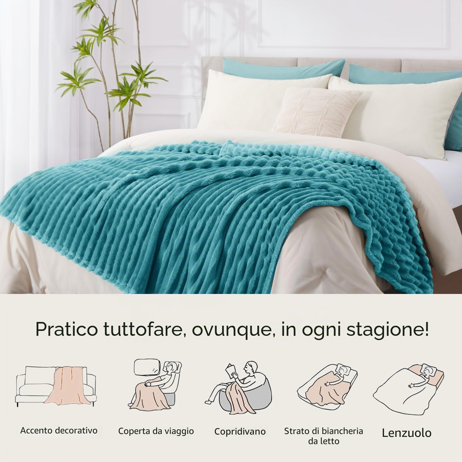 RUIKASI Coperta Plaid Pile Matrimoniale - Coperta Calda Invernale per Divano e Grande Letto Matrimoniale 220x240 cm Pile di Flanella Morbida, Fleece Blanket for Sofa and Couch, Verde Acqua