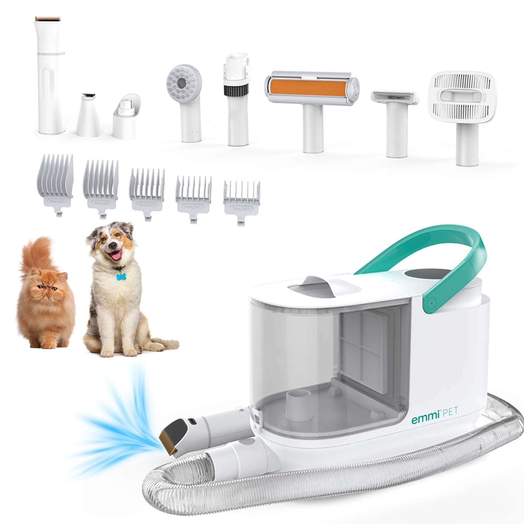 Emmi-pet Grooming Kit Pro – 8 en 1 – Esquiladora para perros con aspiradora, esquiladora, peine y 8 cepillos profesionales – 3 niveles de succión para perros y gatos – Cuidado de las uñas y depósito