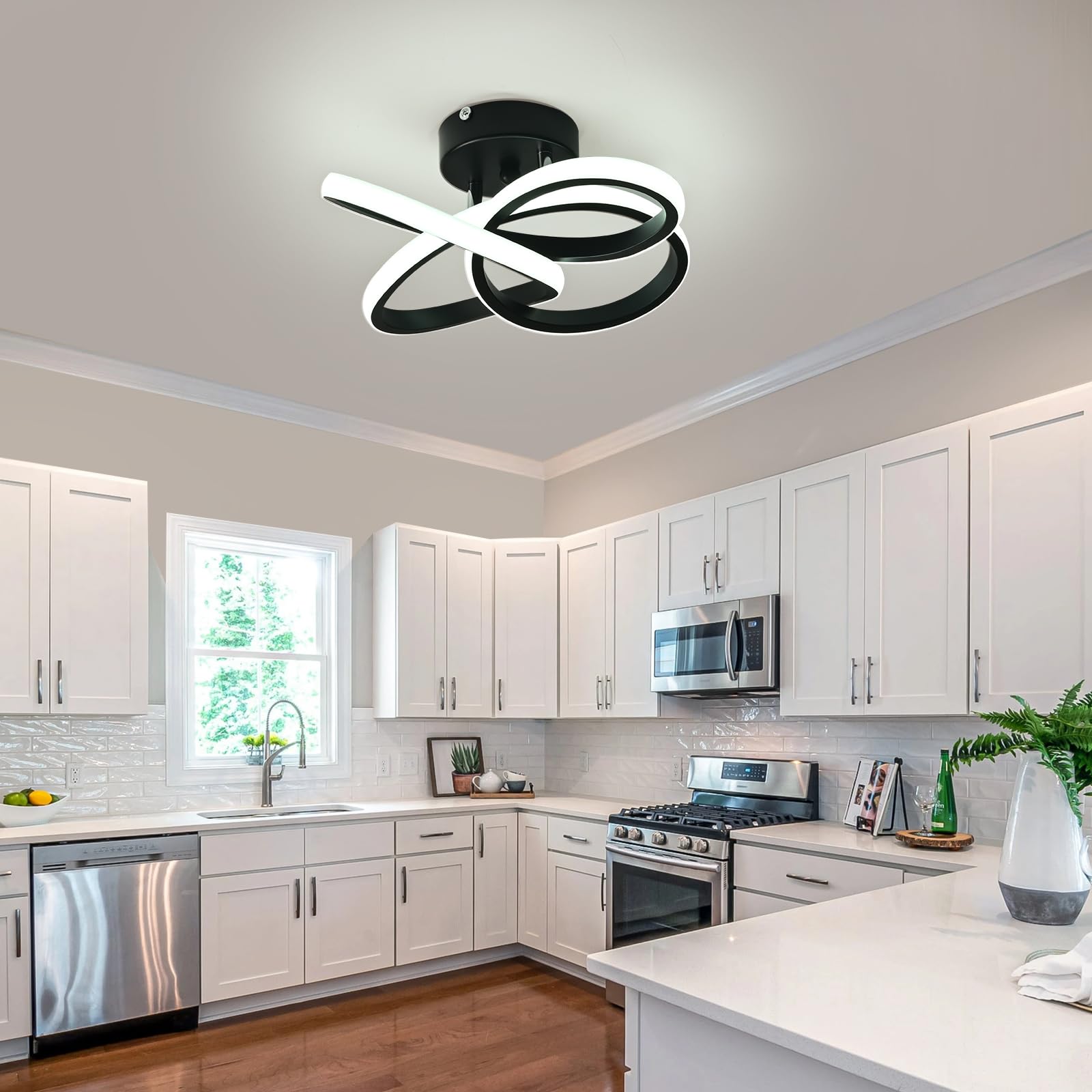 KUKAK Plafon Led Techo,36W Moderna Lámpara de Techo,Diseño Flor Luz de Techo,3900LM Blanco Frío 6000K Plafones Techo,lamparas Techo Para Comedor Corredor Baño Cocina Dormitorio Pasillo,Dia 31cm Negro