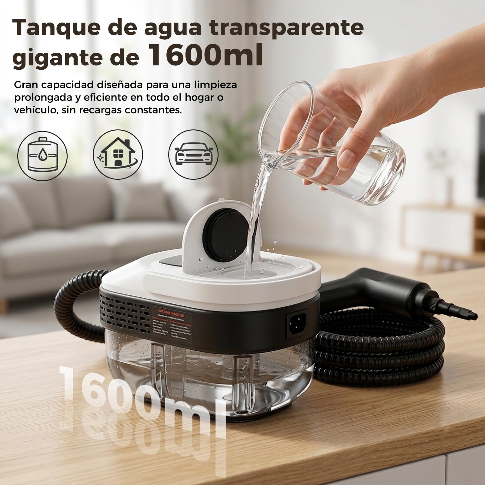 Limpiador de Vapor Portátil 2500W con Depósito 1.6L, Limpiadora de Vapor 3 Bares 3 Niveles Ajustables con 14 Accesorios para Suelos Cocina Sofá Coche Ventanas