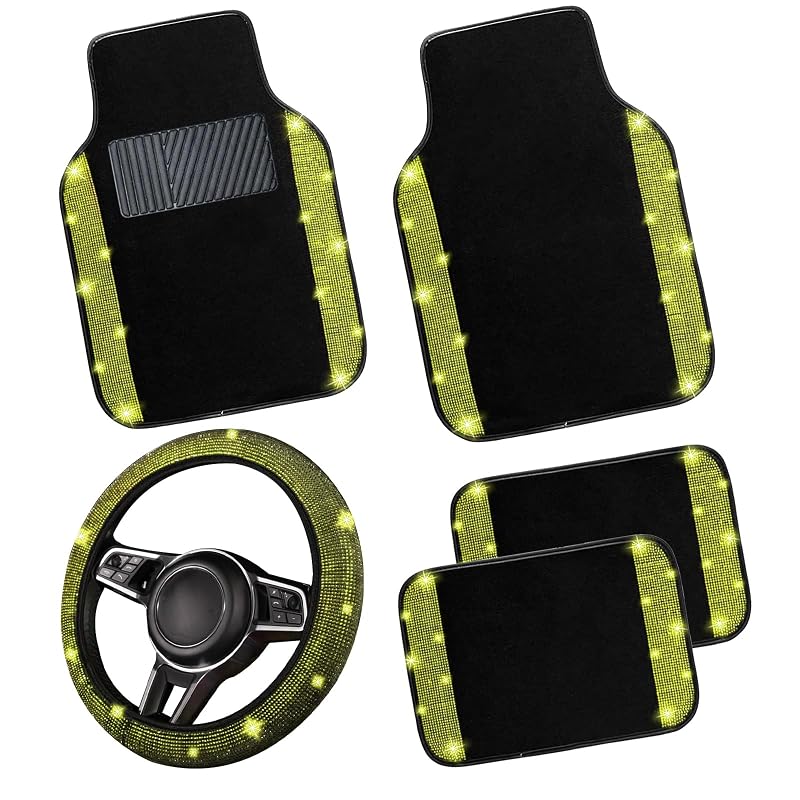 Kit de Tapetes Automotivos com Capa para Volante, Acabamento Brilhante Amarelo, Compatibilidade Universal, NBTEPEM, 5 peças