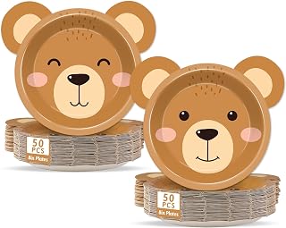 100 Count Bear Paper Plates Bear Shaped Disposable Plates Brown Theme Beary First Birthday Decorations Teddy Paper Dinnerware for Baby Shower Birthday Party Decorations