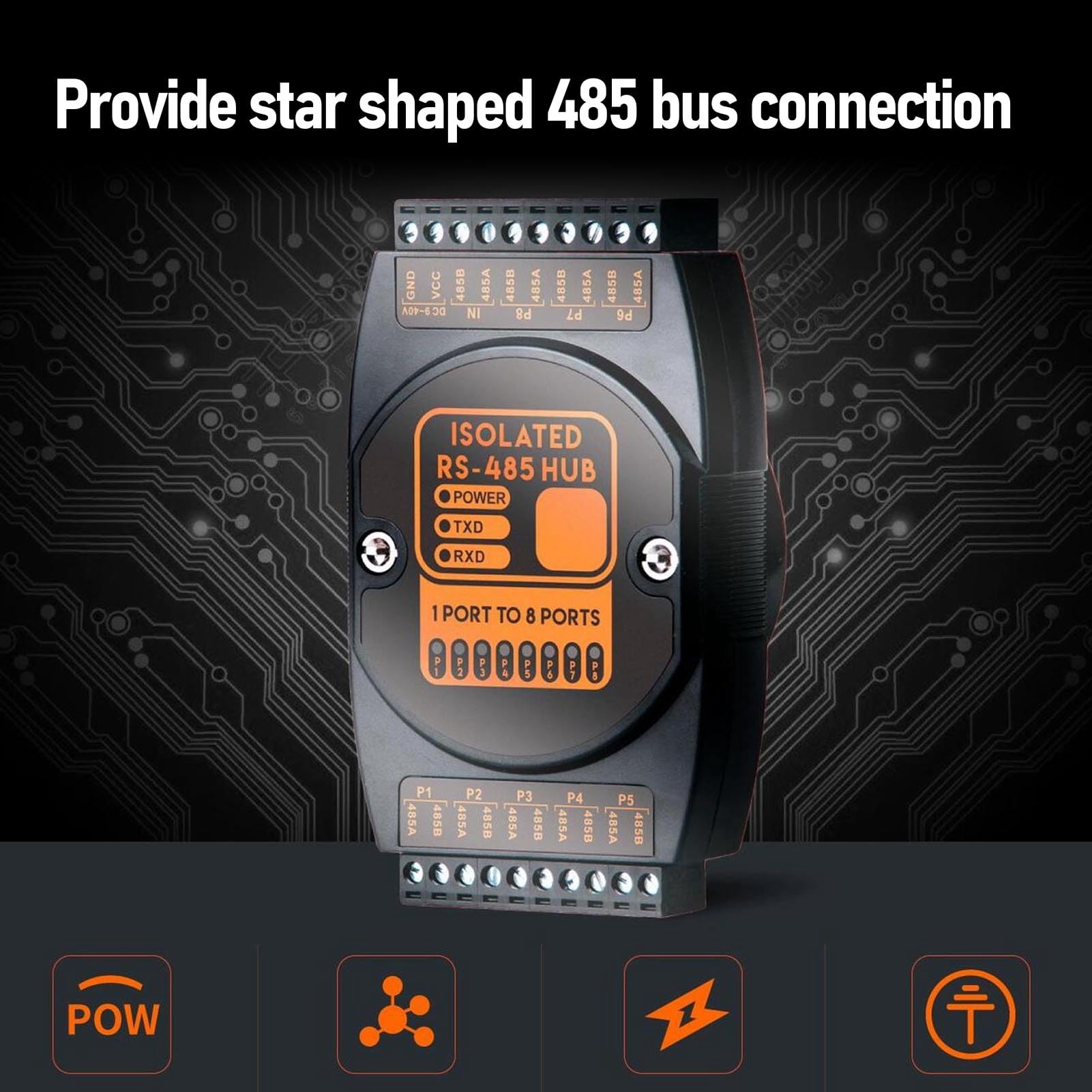 Ejoyous Hub 485, Ripetitore 485 Isolato in ABS 1 Ingresso 8 Uscite, Isolamento 2500 Vrms da 9 a 40 V CC da 300 Bps a 115,2 Kbps, per Espansione di Rete Industriale e Sistemi di Controllo per Esterni