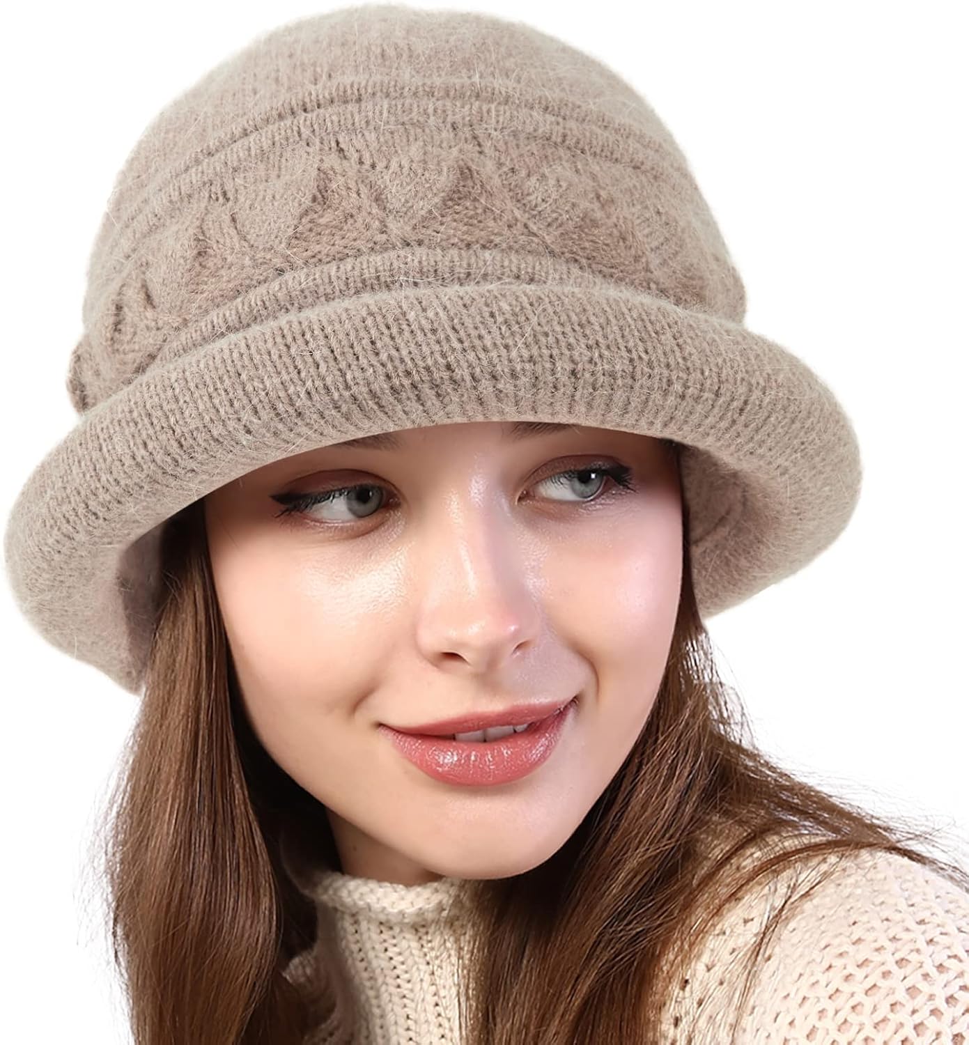 Women Winter Knit 1920s Vintage Bucket Bowler Hat Round Brim Warm Hat - Image 2