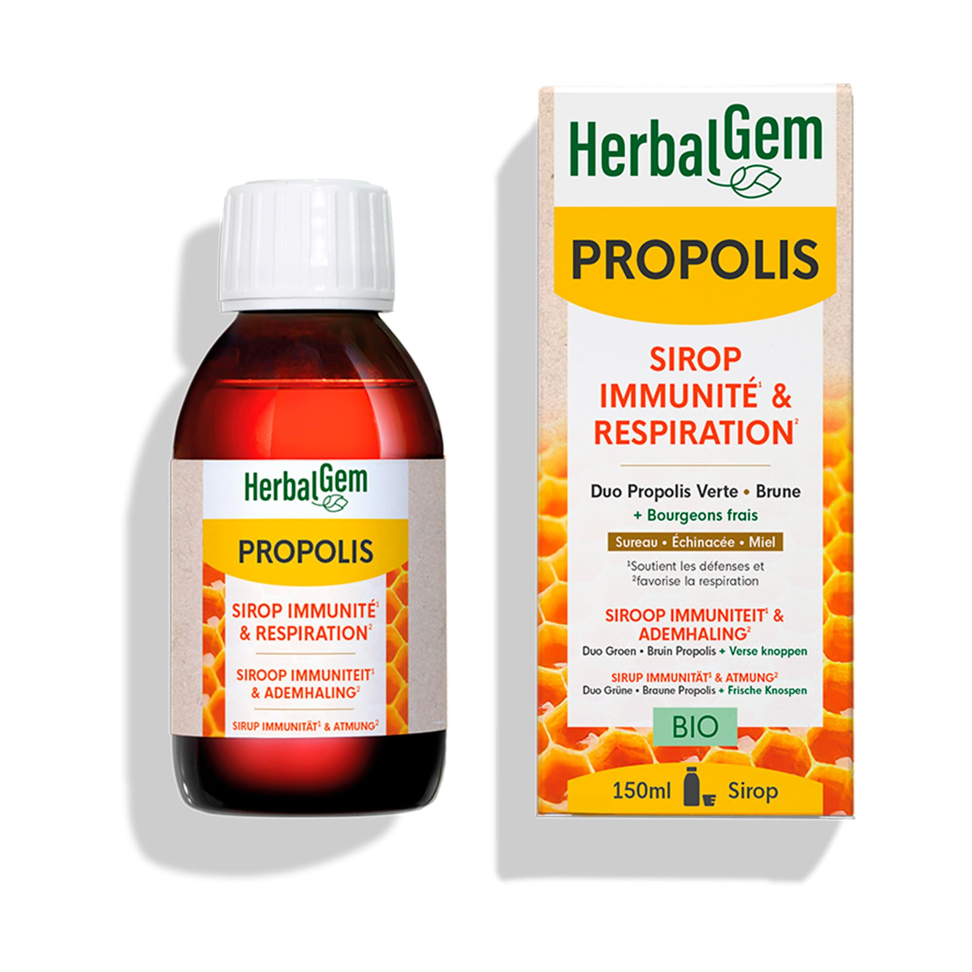 HERBALGEM - Sirop Propolis Adulte - Stimulant Naturel - Confort Des Voies Respiratoires - Enrichi Aux Bourgeons - Certifié Bio - 150 ml
