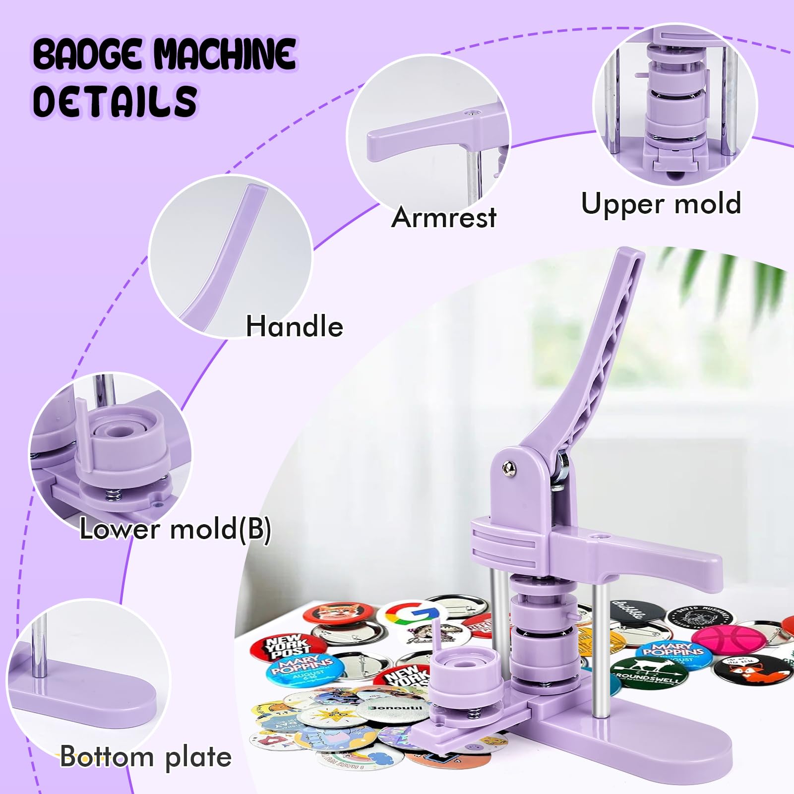 Máquina para hacer botones, 25 mm/32 mm/58 mm, kit de prensa de insignias personalizado con 300 piezas de botón para regalos, color morado