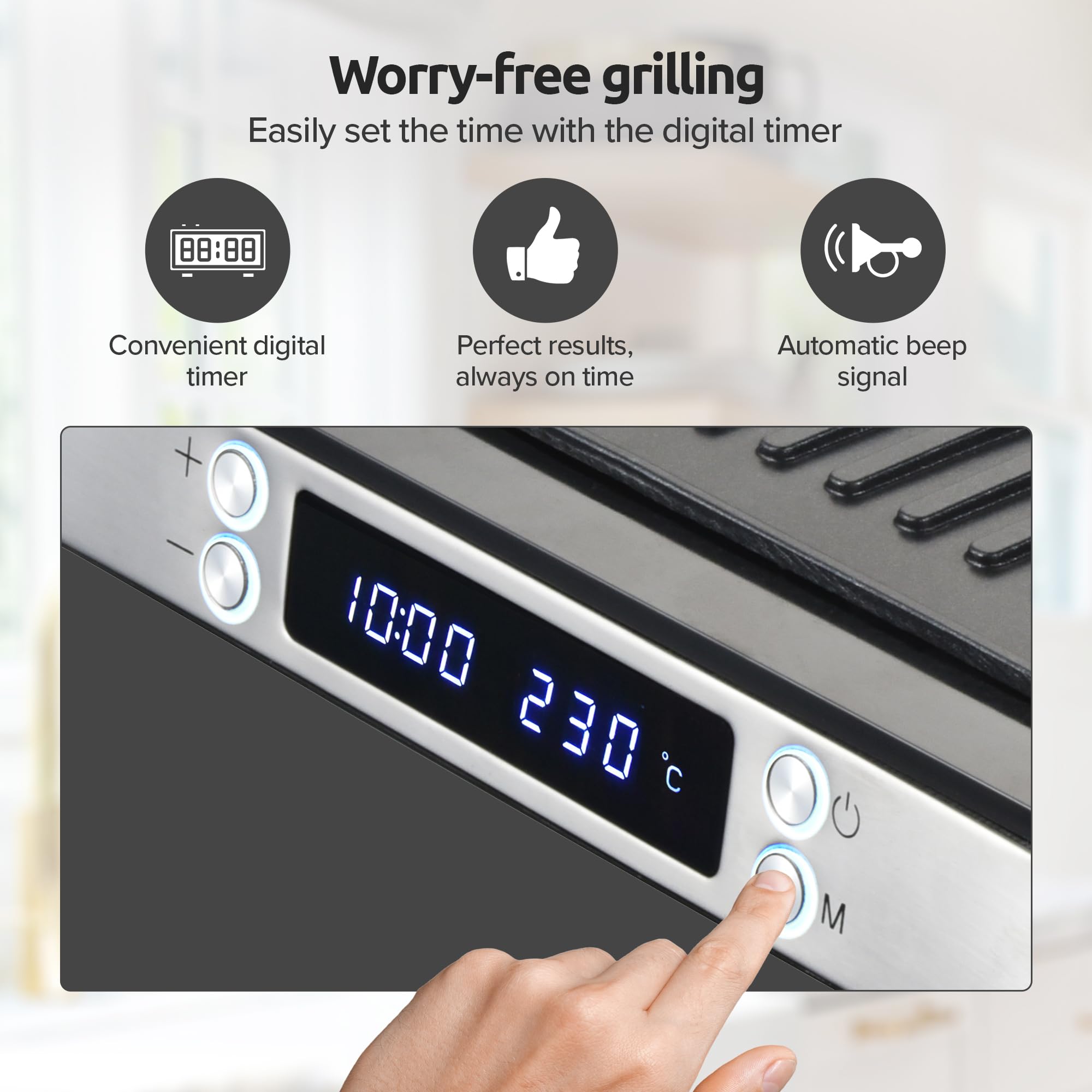 Olvy Cyfrowy grill kontaktowy z płytkami nieprzywierającymi, urządzenie do kanapek 3 w 1, grill otwarty w 180°, regulacja temperatury, timer, duża powierzchnia gotowania, uchwyt Cool-Touch, srebrny