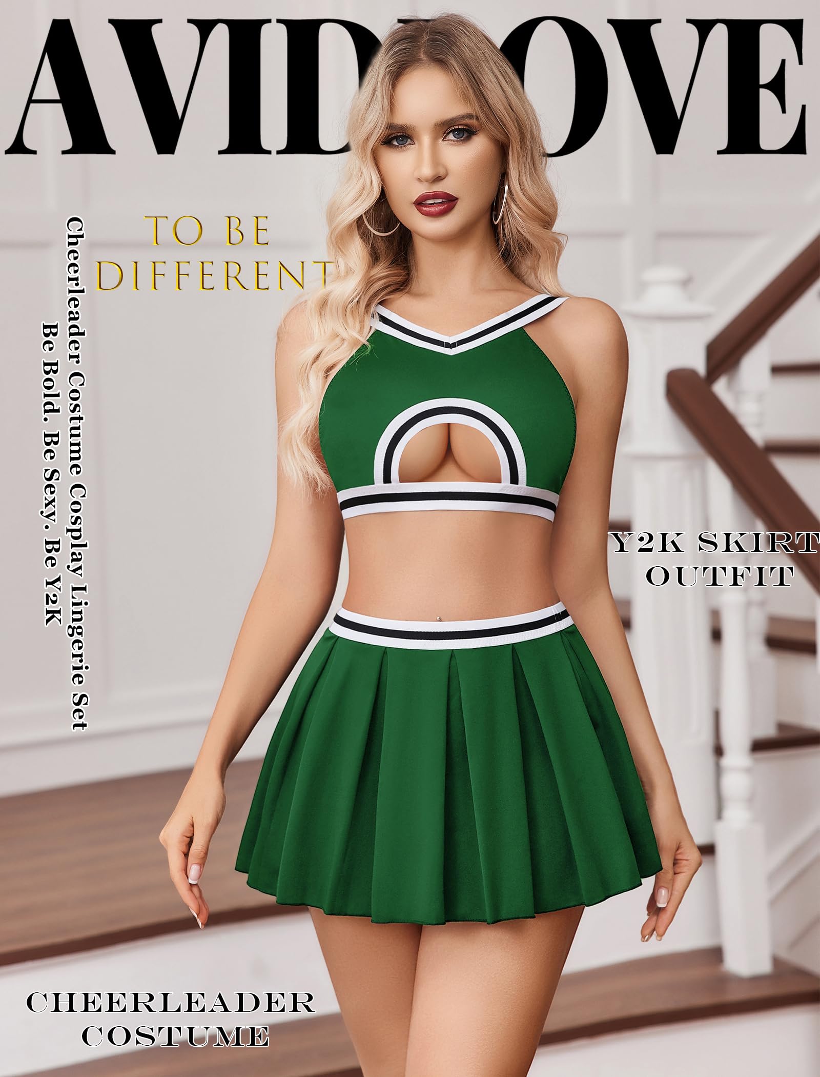 Avidlove Lingerie for Women Sexy Mini Skirt Cheerleader Costume Hollow Crop Top Y2K Pleated Skirts Set Cosplay Rave Outfit: Green XX-Large