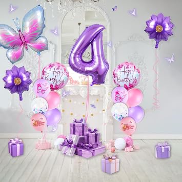 Butterfly Birthday Decoration Girls 4 Years, Pack of 23 Party Decoration, Butterflies Foil Balloon, Number Balloon, Foil Balloon Flower, Purple Birthday Party Decoration Balloons for Children