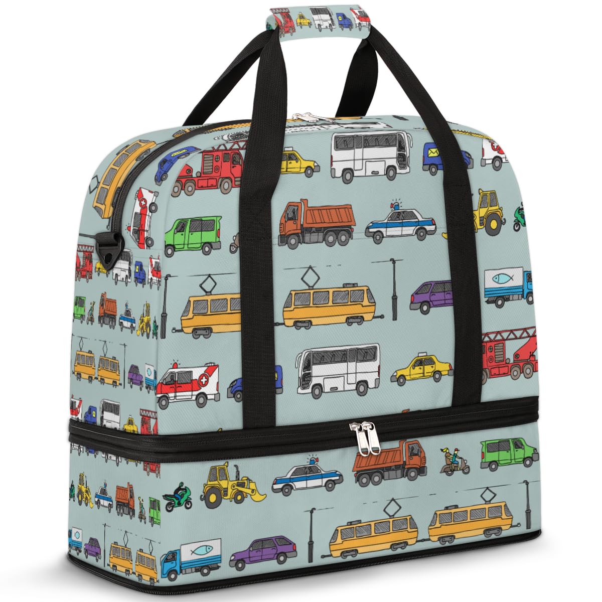 Bolsa de viaje plegable con diseño de coches de tráfico, bolsa de fin de semana de 47 litros con funda de carrito para deportes gimnasio viajes, multicolor, 47L, Bolsa de viaje
