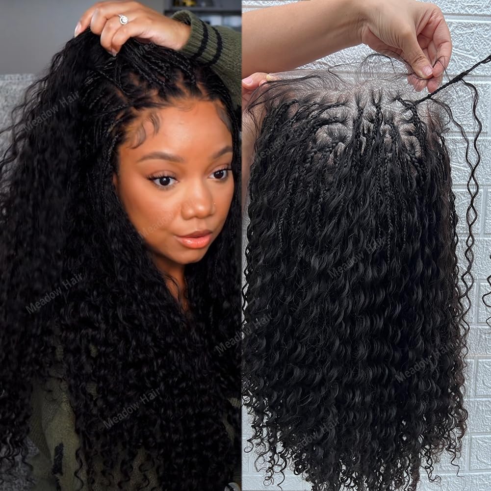Boho Box Braids Wig Brazilian Virgin Full Lace Human Hair Wigs Transparent Lace Glueless Square Parted Boho Braided Wigs Human Hair Knotless Pre Plucked Glueless For Black Women 22Inch