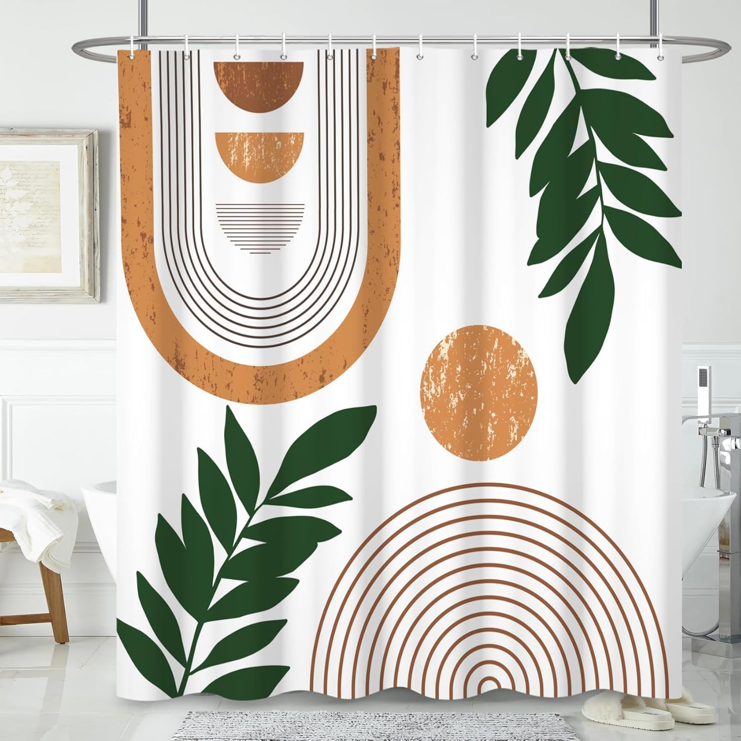 AOFOTO Boho Shower Curtain Set for Bathroom 72x78 Inch, Green Plant Botanical Abstract Bohemian Bathroom Curtains Mid Century Minimalist Design Sun Leaves Waterproof Fabric Bath Curtain with Hooks