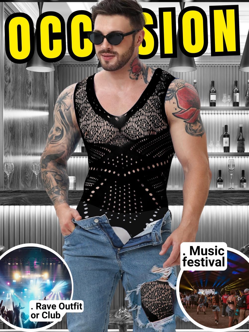Mens Lingerie, Sexy Gift For Him Body Stockings, Fishnet Bodysuit Lace Jumpsuit Rave Outfits Glow Party Club - Image 6