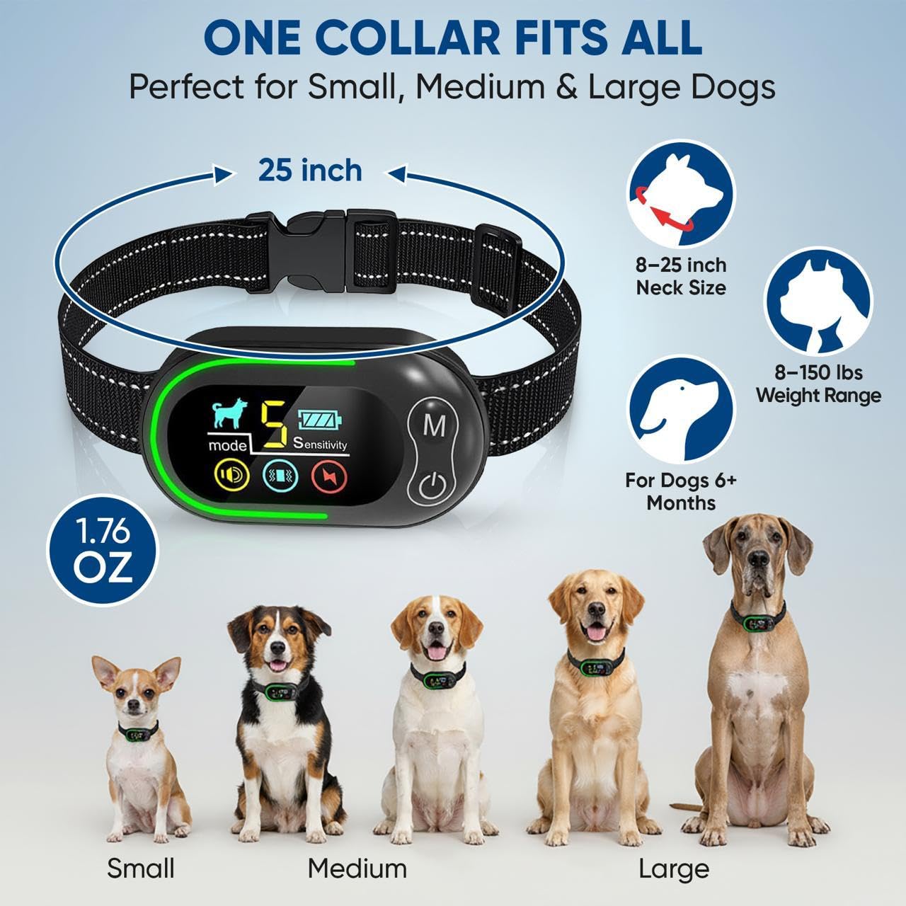 Collar inteligente anti ladridos para perros, collar de perro recargable IP67 impermeable con 5 niveles de sensibilidad ajustables, modos de entrenamiento 3 en 1 para todos los tamaños de