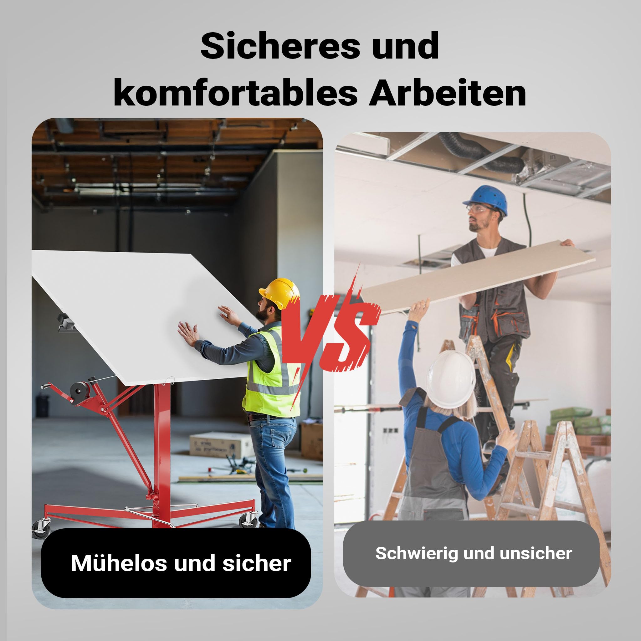 Wiltec SET XXL Plattenheber bis max. 68 kg + 140 cm Verlängerung, Höhe 140-465 cm, max. Breite 2,90 m, Montagehilfe für Trockenbau, Paneelheber mit 3 Rädern, rot