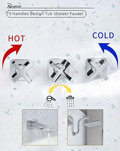 Miniatura 3 de PHASAT PU4D02 - Grifo de ducha de 3 manijas, grifo de bañera y ducha con mango de 3 cruces y cabezal de ducha de 9 pulgadas, boquilla de cascada,