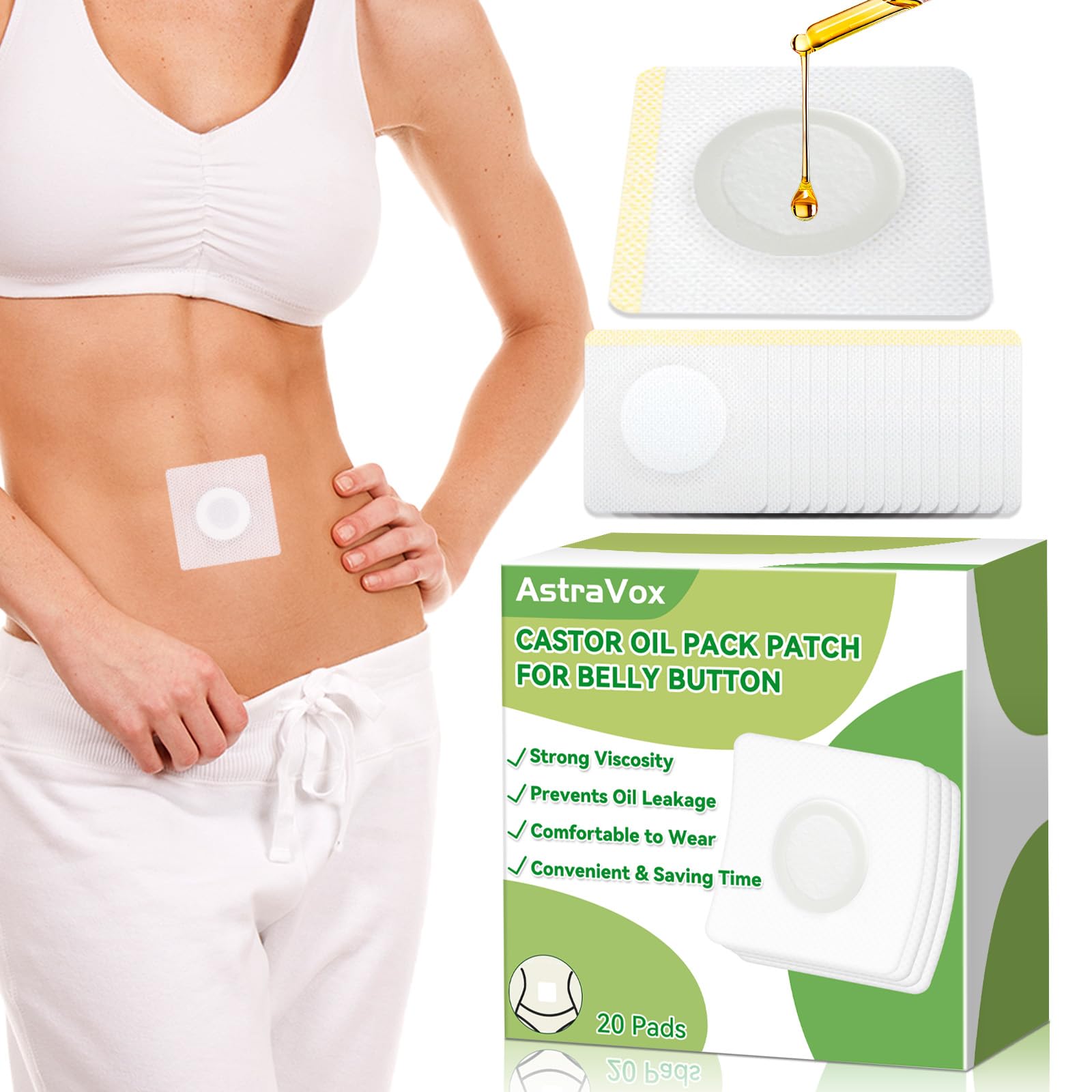 AstraVox 20pcs Castor Oil Patches for Belly Button, Self-Adhesive Castor Oil Pack Wrap Portable Disposable, Highly Absorbent, Breathable, Leak Proof, No Washing (Oil Not Included)