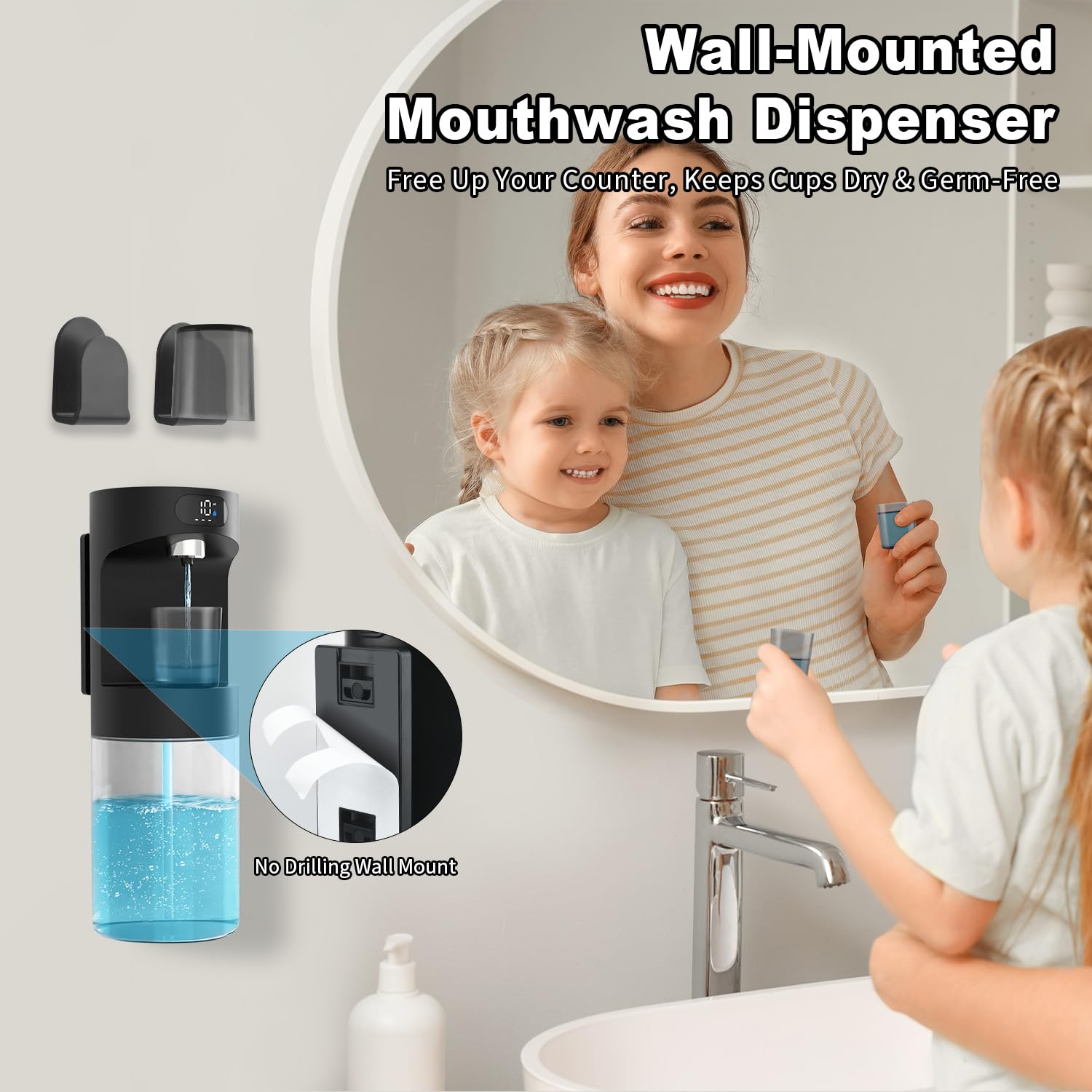 Dalugo Dispensador automático para enjuague bucal, 600 ml, fijación a la pared, 2 vasos magnéticos, negro, eléctrico, para niños y adultos, baño