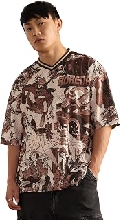 The Souled Store Ukiyo-E Jersey: Revival Men and Boys Short Sleeves V-Neck Brown Graphic Printed Breathable Mesh Oversized... Price In India