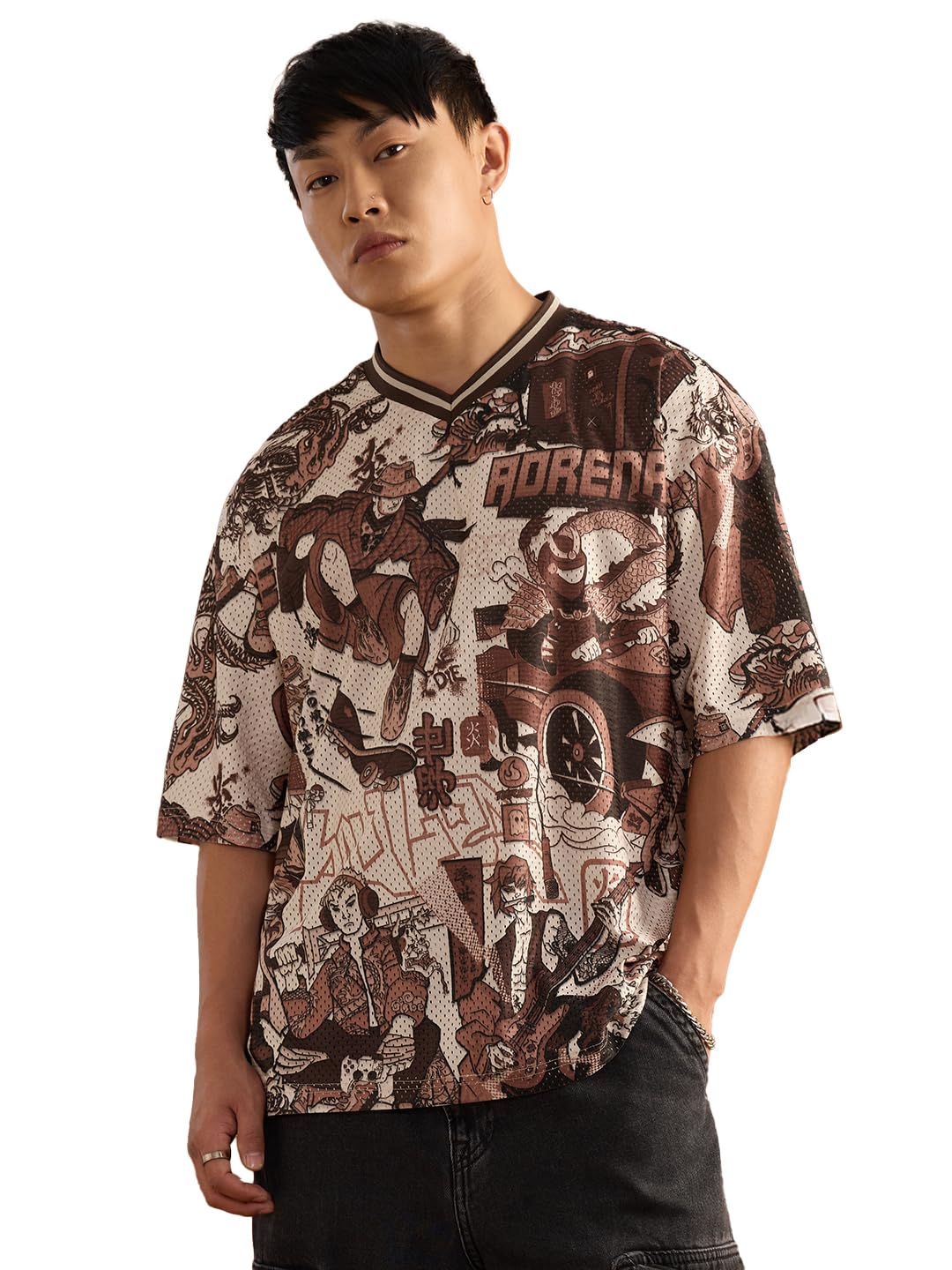 the souled store Ukiyo-E Jersey: Revival Men and Boys Short Sleeves V-Neck Brown Graphic Printed Breathable Mesh Oversized Jersey-picture-28