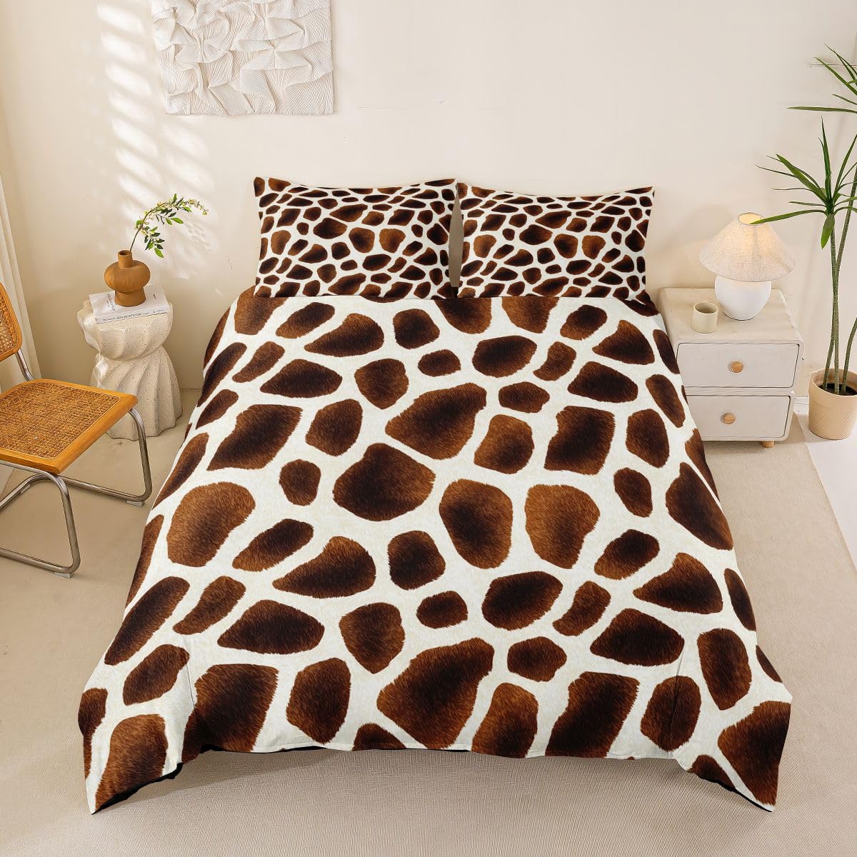 Homewish Safari Giraffe Print King Size Duvet Cover with 2 Pillowcases - Luxury Wild Animal Bedding for Adults Teens Women White Brown Quilt Cover Farmhouse Wildlife Skin Bed Sets Room Decor