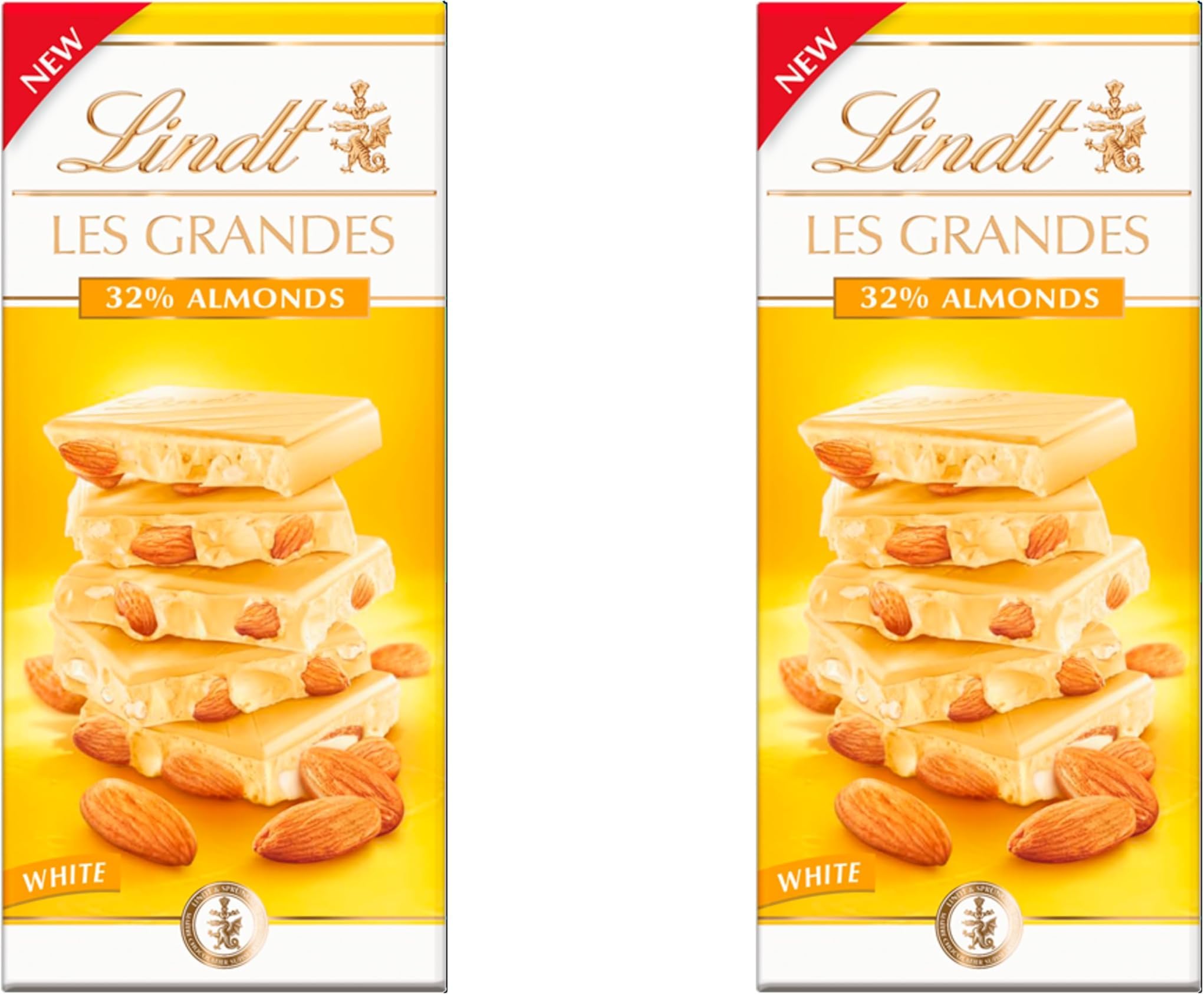 Lindt Les Grandes White Chocolate Bar With Sweet Caramelized Almond Pieces - a luxury chocolate bar, 150 g (Pack of 2)