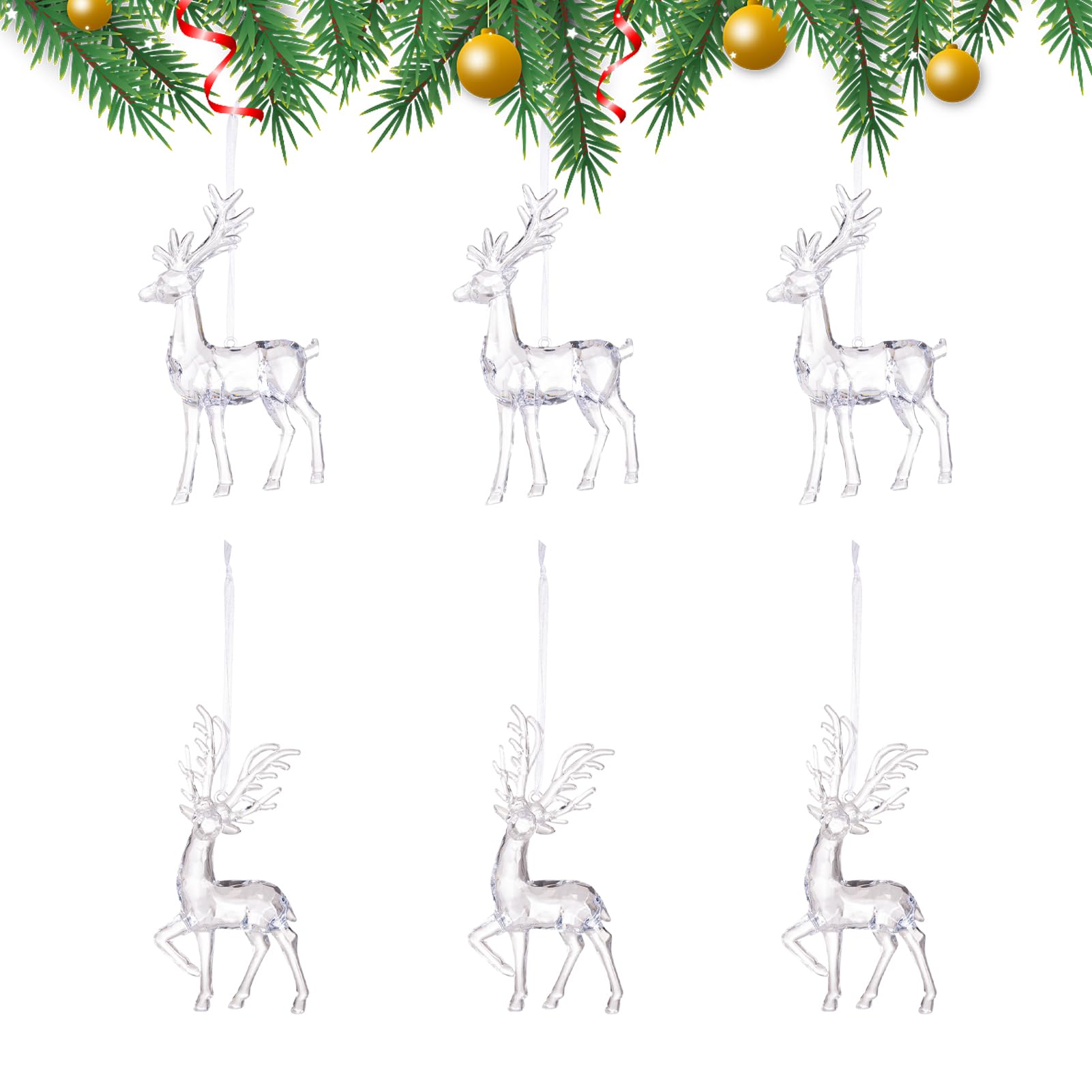 Élan transparent de Noël incassable : lot de 6 décorations en acrylique pour sapin