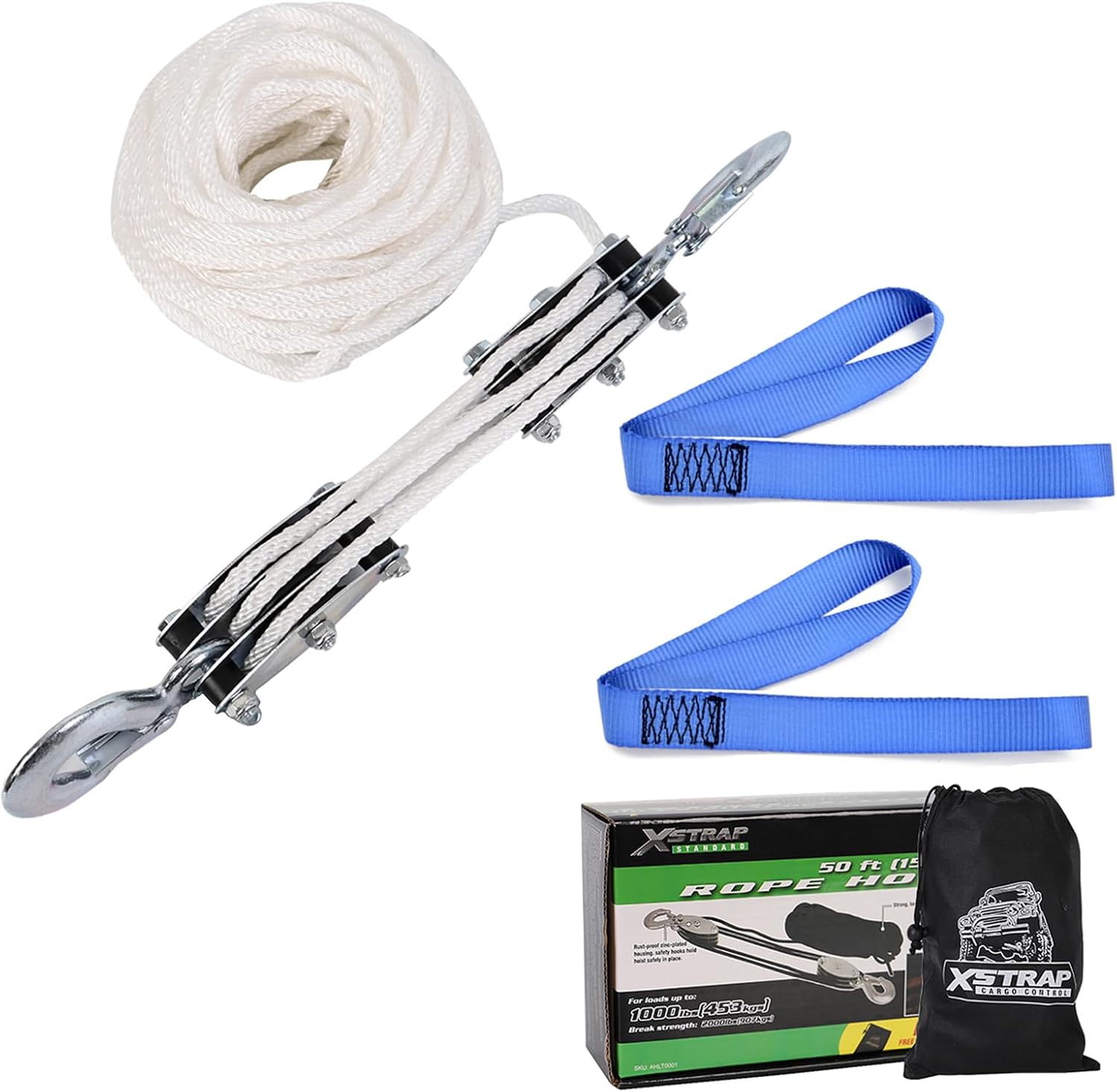 XSTRAP STANDARD HeavyDuty 2,000 LB Breaking Strength 50 FT Rope Hoist, 1000 LB Work Load Block