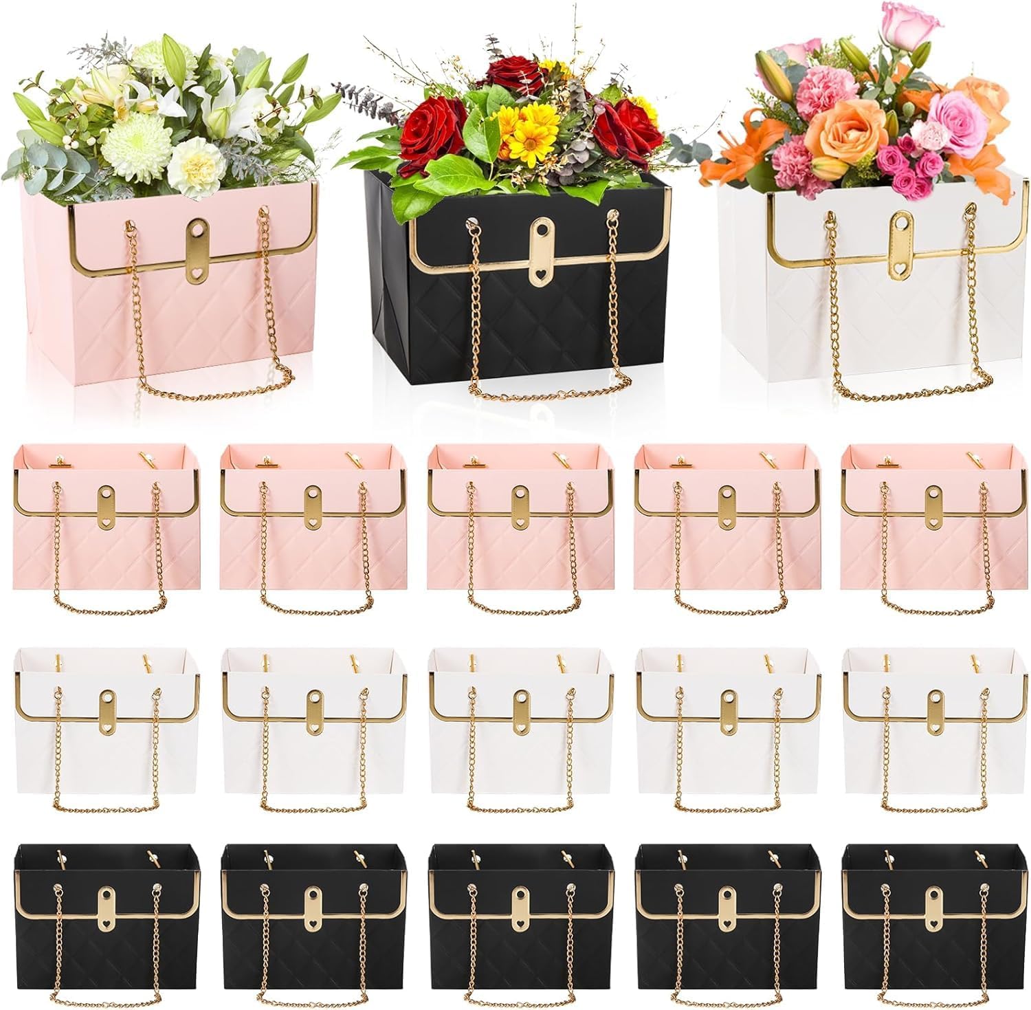 24 Pack Flower Paper Gift Bag, Bouquet Portable Flower Handbag Box with Metal Chain, Rectangle Wedding Gift Wrap Bag, Small Florist Carrier Bag for Arrangements, Valentine's Day, Birthday