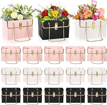 24 Pack Flower Paper Gift Bag, Bouquet Portable Flower Handbag Box with Metal Chain, Rectangle Wedding Gift Wrap Bag, Small Florist Carrier Bag for Arrangements, Valentines Day, Birthday