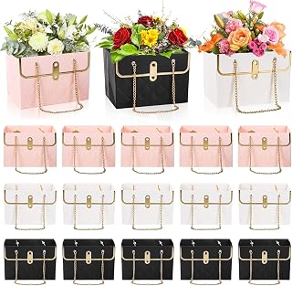 24 Pack Flower Paper Gift Bag, Bouquet Portable Flower Handbag Box with Metal Chain, Rectangle Wedding Gift Wrap Bag, Small Florist Carrier Bag for Arrangements, Valentine's Day, Birthday