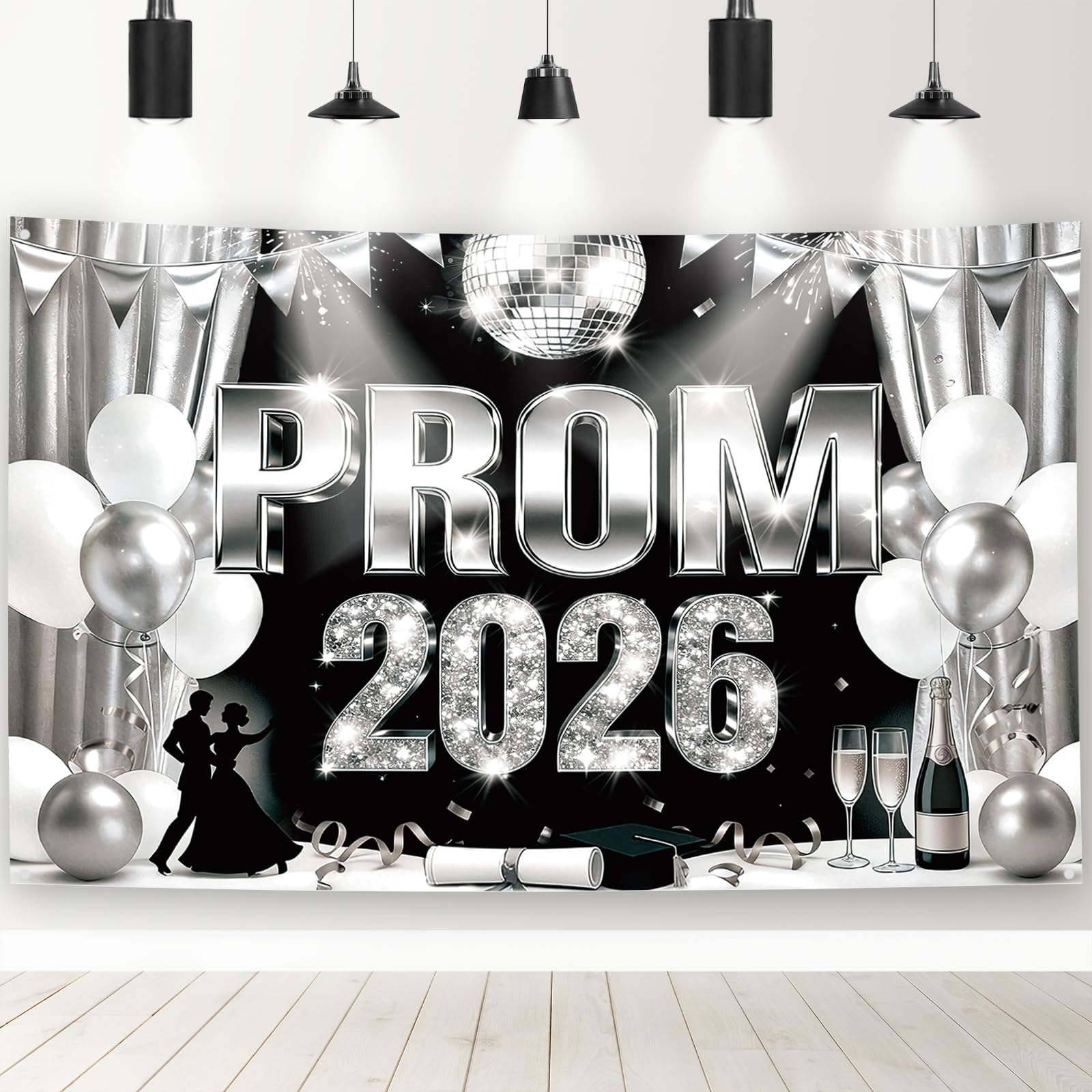 Prom Decorations 2026 Banner, Black Silver Graduation Decorations Large Banner Backdrop 180 * 110cm, Class of 2026 Prom Night Party Decor Photo Background