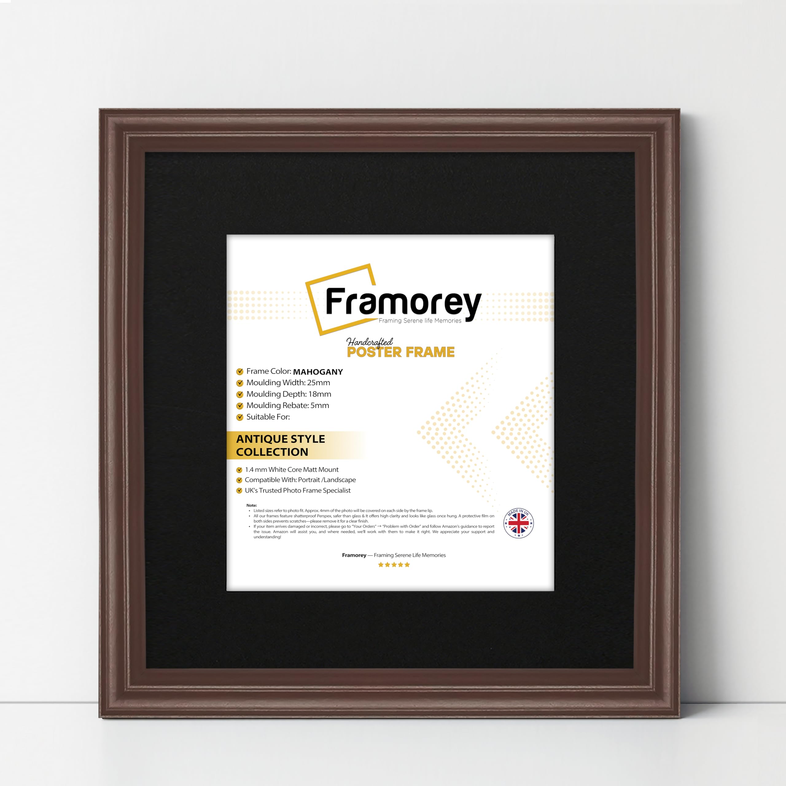 Framorey Framing Serene Life Memories Mahogany With Black Mount Framorey Square Photo Frames, 45X45cm Size Mahogany Picture Frame With 35X35cm Size Black Mount, Lw Antique Style Home Wall Decor Frames, Wall Hanging Art Poster Frames, Mdf Wood Frames