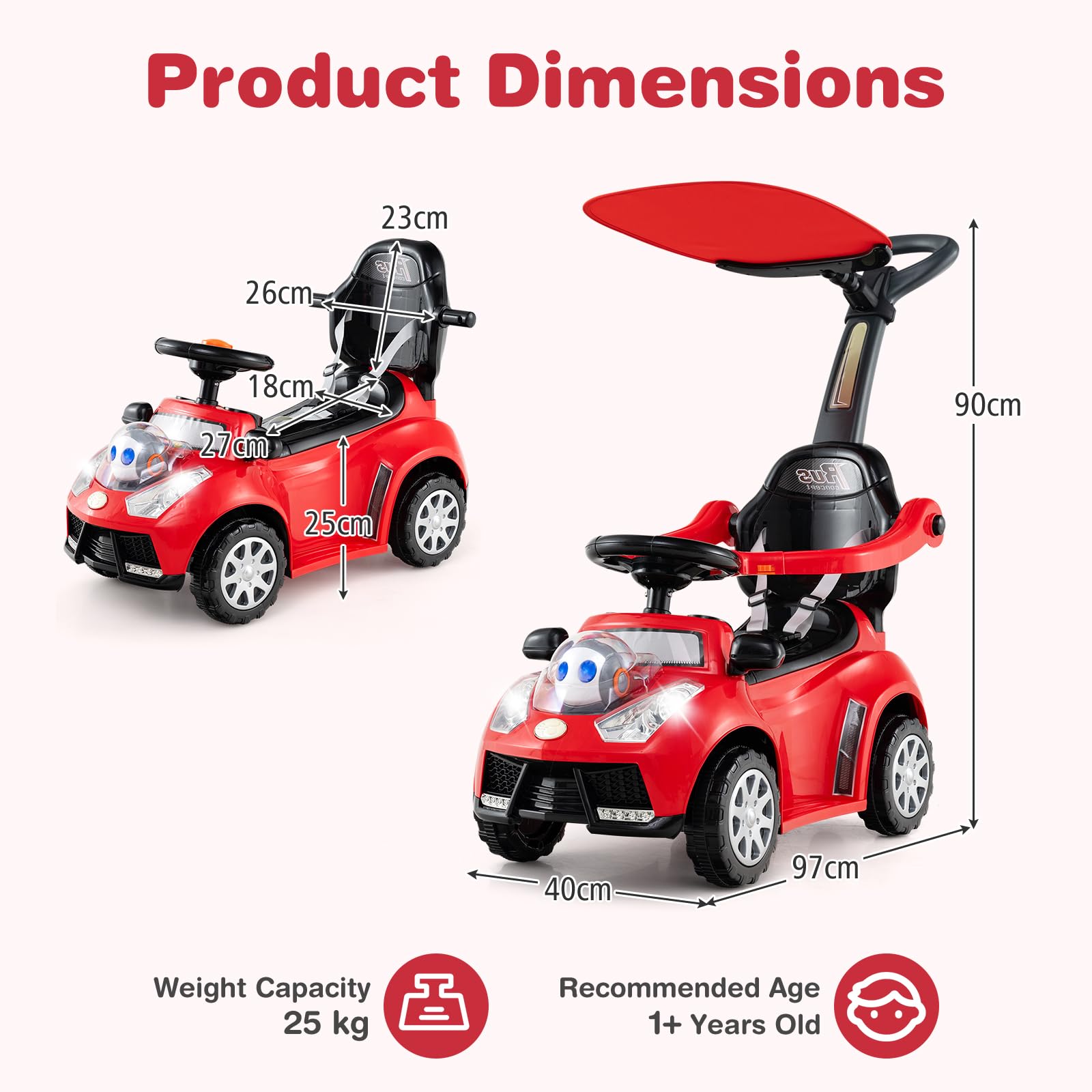 SOARS Macchina Cavalcabile per Bambini 1-3 Anni, Cavalcabile Bambino 3 in 1, Carpot & Maniglia Rimovibili, Guida Realistica con Volante, Clacson, Musica, Carico 25 KG, Regalo Ragazza Ragazzo (Rosso)