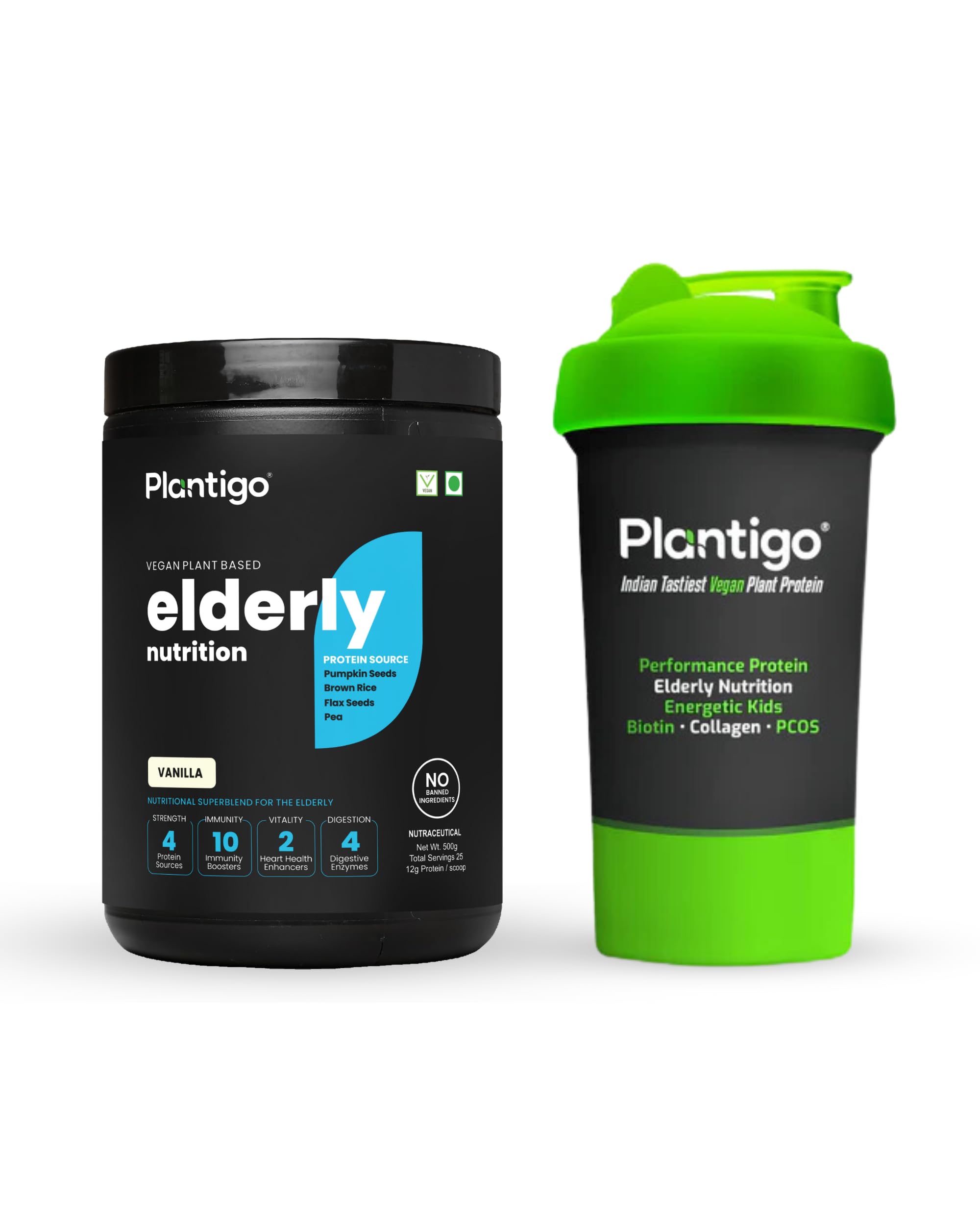 Plantigo Superior 51+ Plant Protein Powder for Senior Adults | Elders, Old Men & Women | No Sugar, Low Calories | Pea Protein, Oats | Heart & Muscle Health (Vanilla - 500g) + Shaker Bottle 600ml