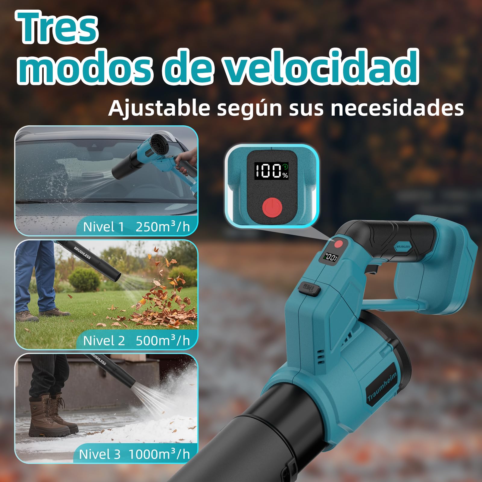 Soffiatore per foglie a batteria 2 in 1, motore brushless, 3 velocità, velocità massima 900.000 giri/min, flusso d'aria 1000 m³/h, modalità verticale e orizzontale (Batteria non inclusa)